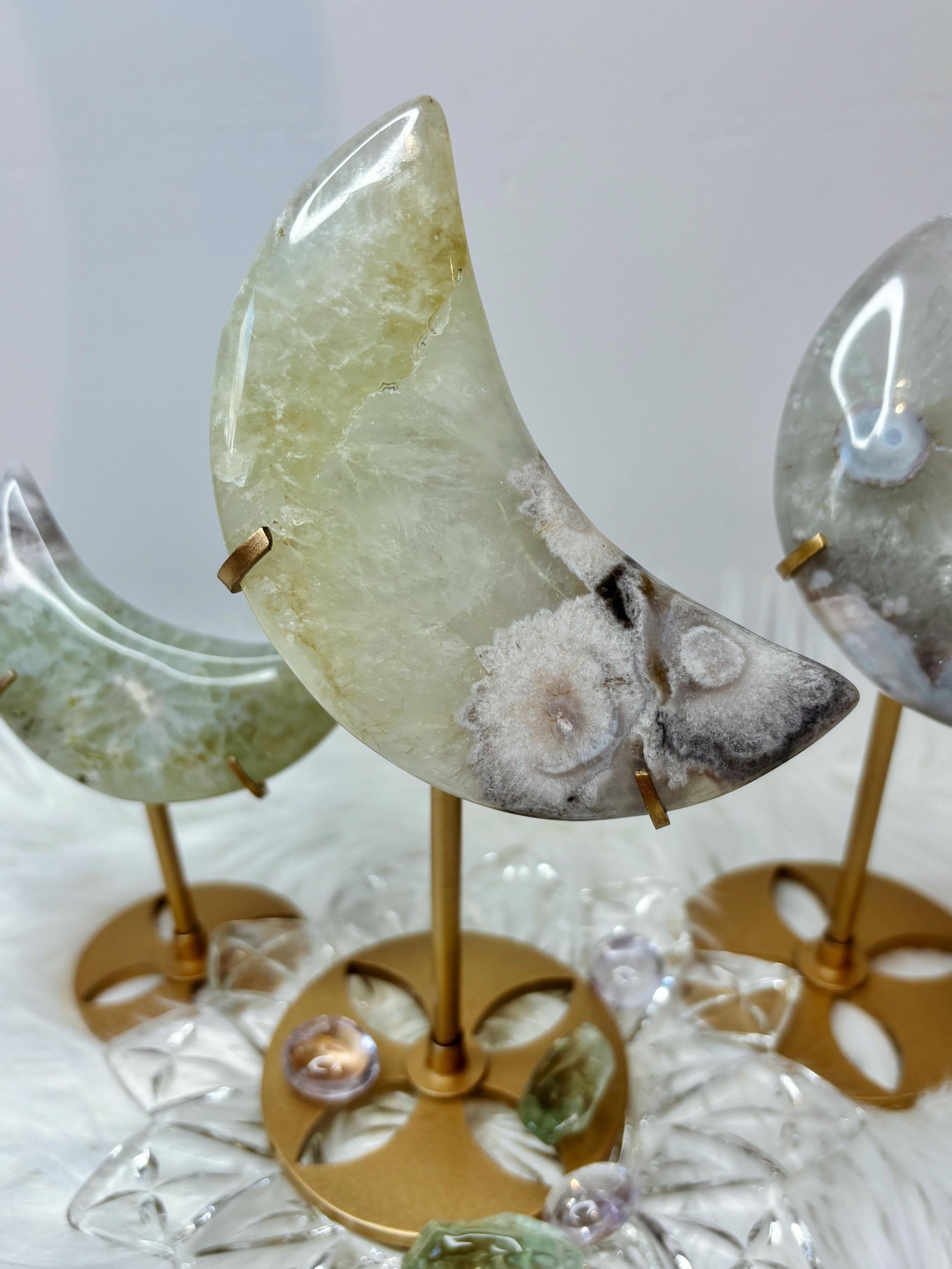 Green Quartz Flower Agate Moon, Crescent Moon Crystal Carving on Stand