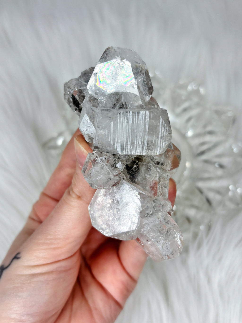 Diamond Apophyllite with Black Hematite, Raw Rainbow Apophyllite Cluster/Mineral Specimen