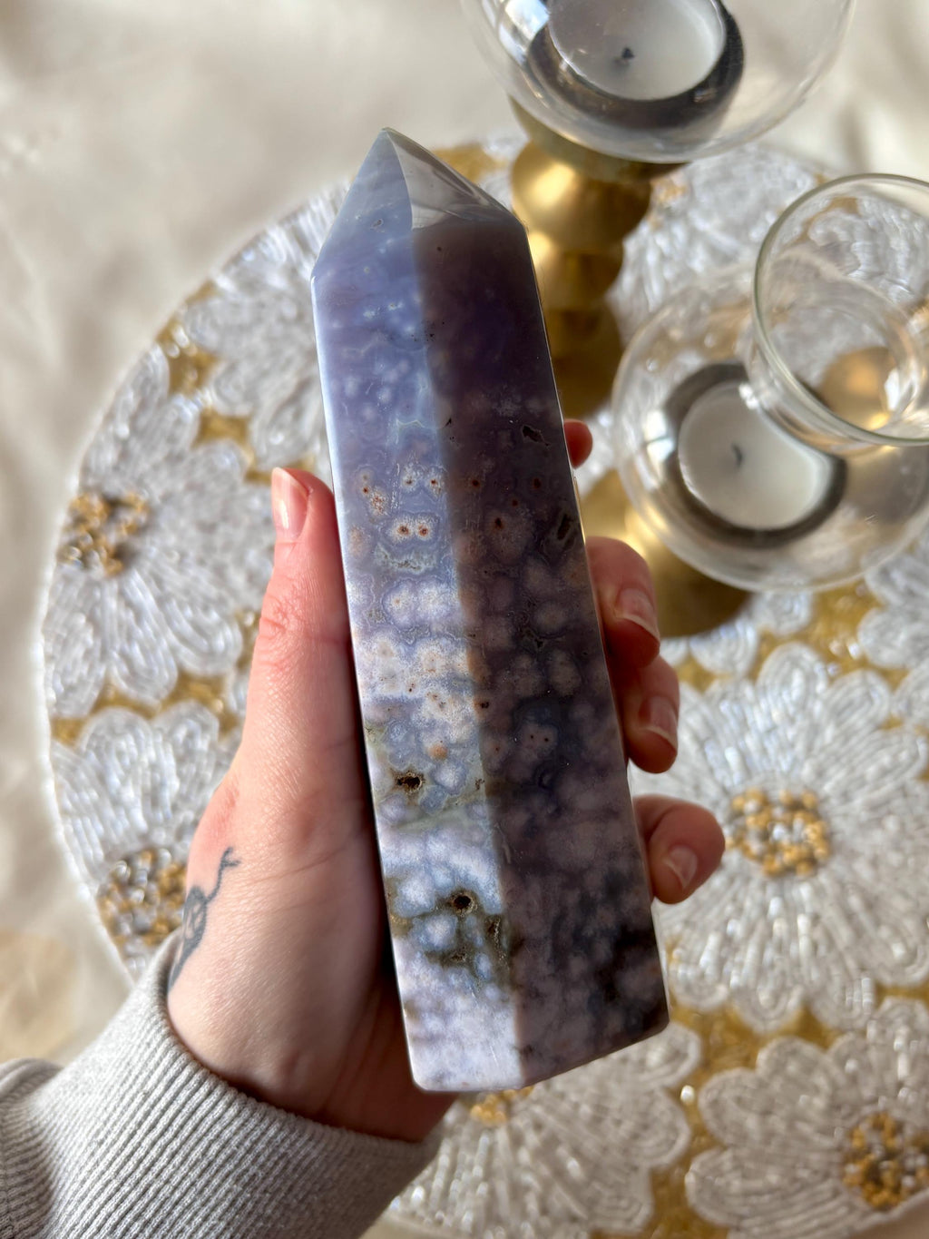 Large Ocean Jasper Flower Agate Tower, Natural Polished Orbicular Sea Jasper Point