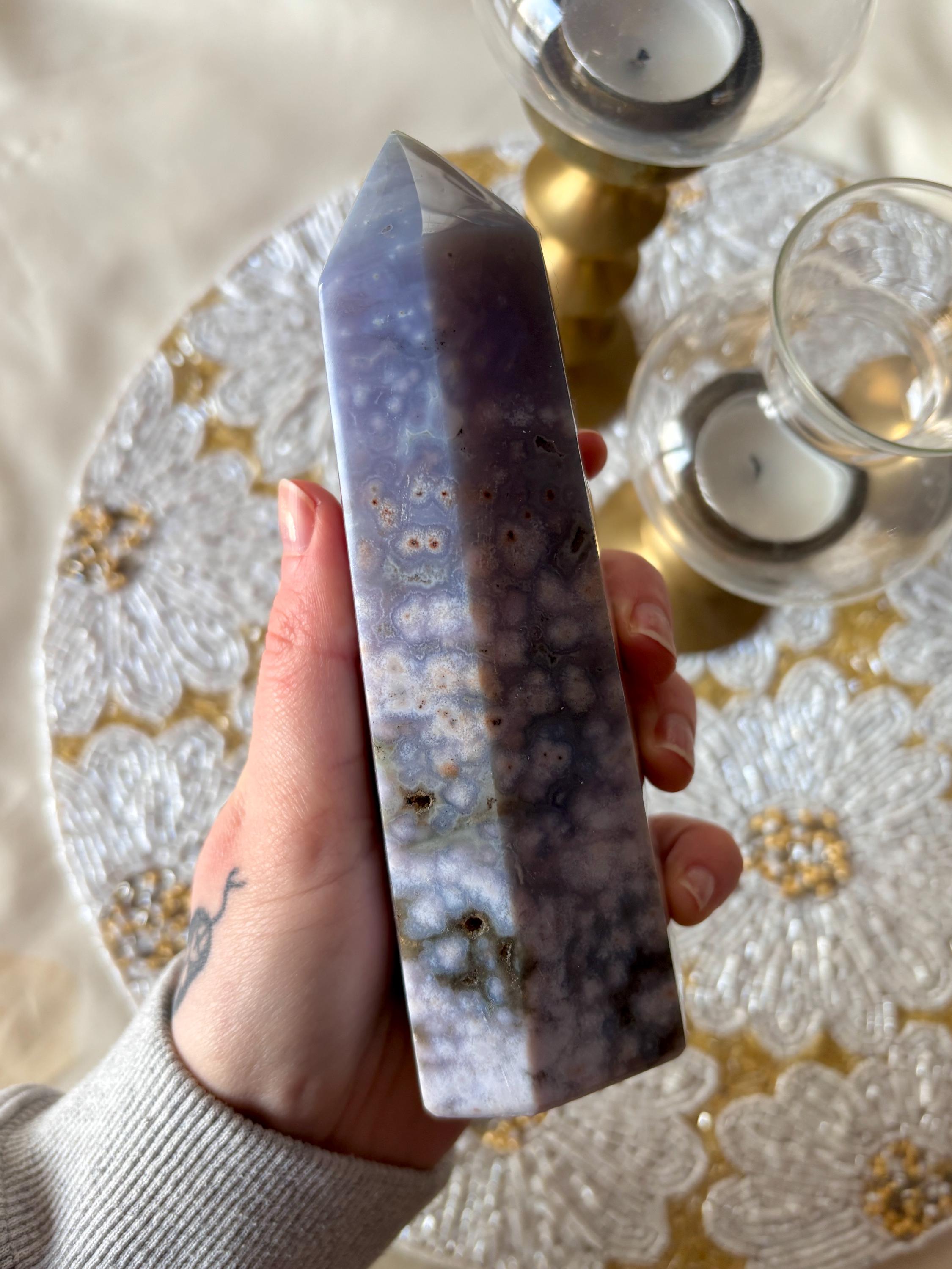 Large Ocean Jasper Flower Agate Tower, Natural Polished Orbicular Sea Jasper Point