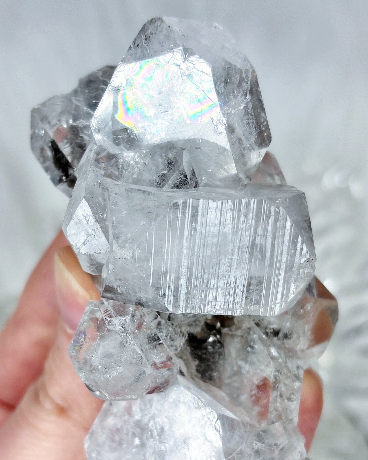 Diamond Apophyllite with Black Hematite, Raw Rainbow Apophyllite Cluster/Mineral Specimen