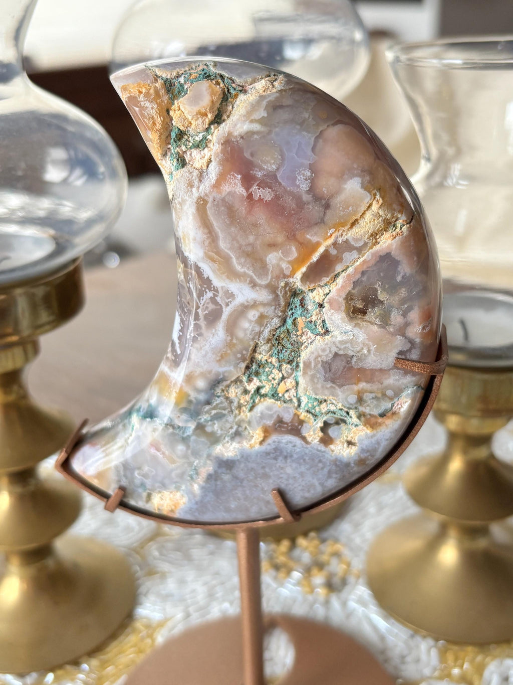 Rainbow Agate Crescent Moon Crystal Carving on Gold Stand