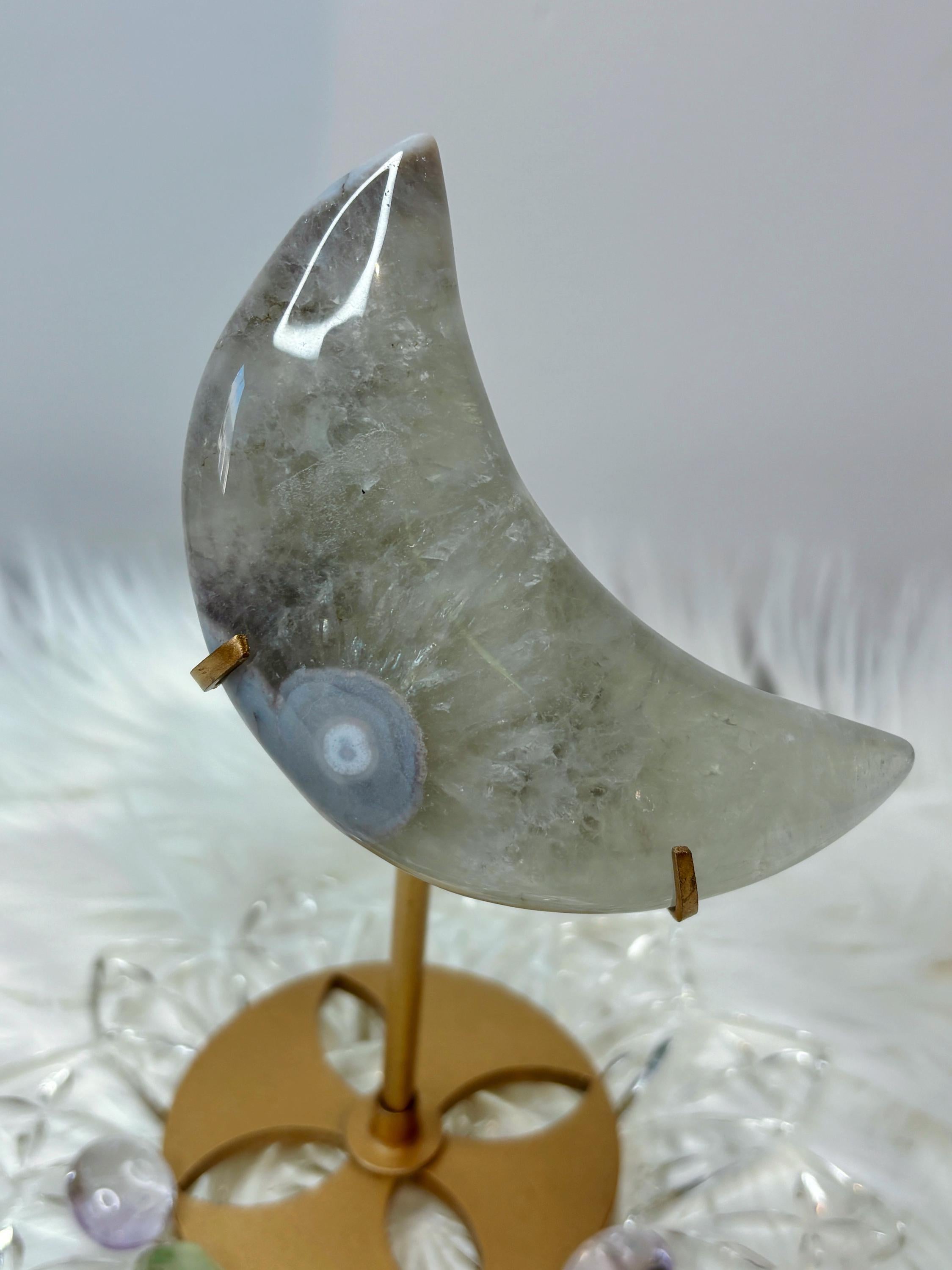 Green Quartz Flower Agate Moon Crescent Moon Crystal Carving on Stand