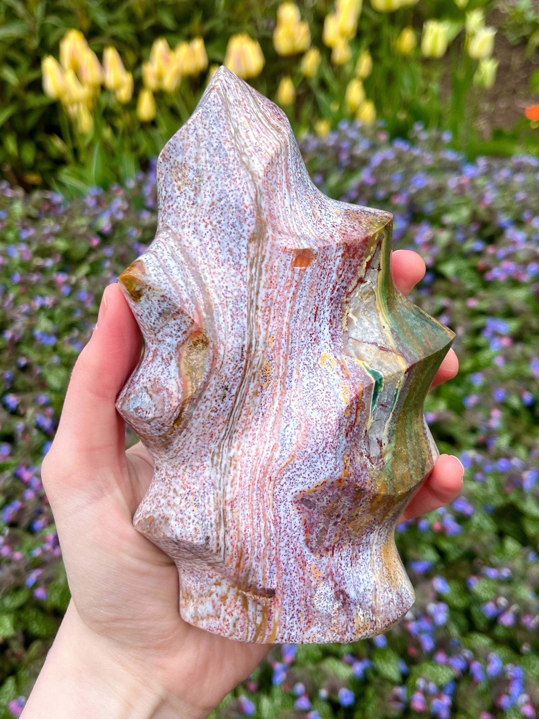 Colorful Ocean Jasper Flame, Polished Pastel Rainbow Ocean Jasper Cut Base Freeform
