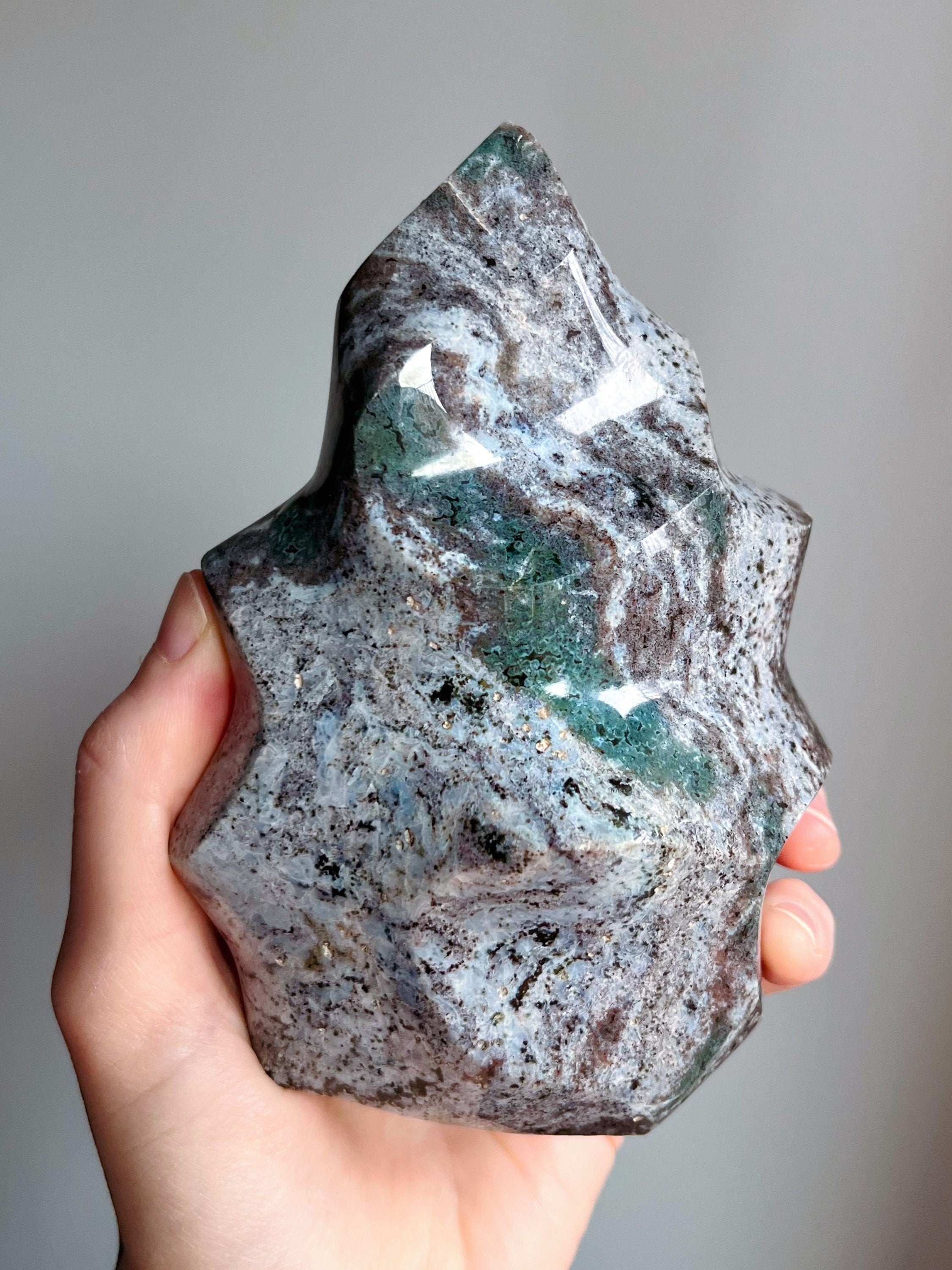 Large Ocean Jasper Flame, Polished Pastel Sea Jasper Freeform Cut Base