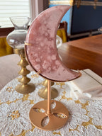 Large Pink Amethyst Flower Agate Moon, Crescent Moon Crystal Carving with Gold Stand