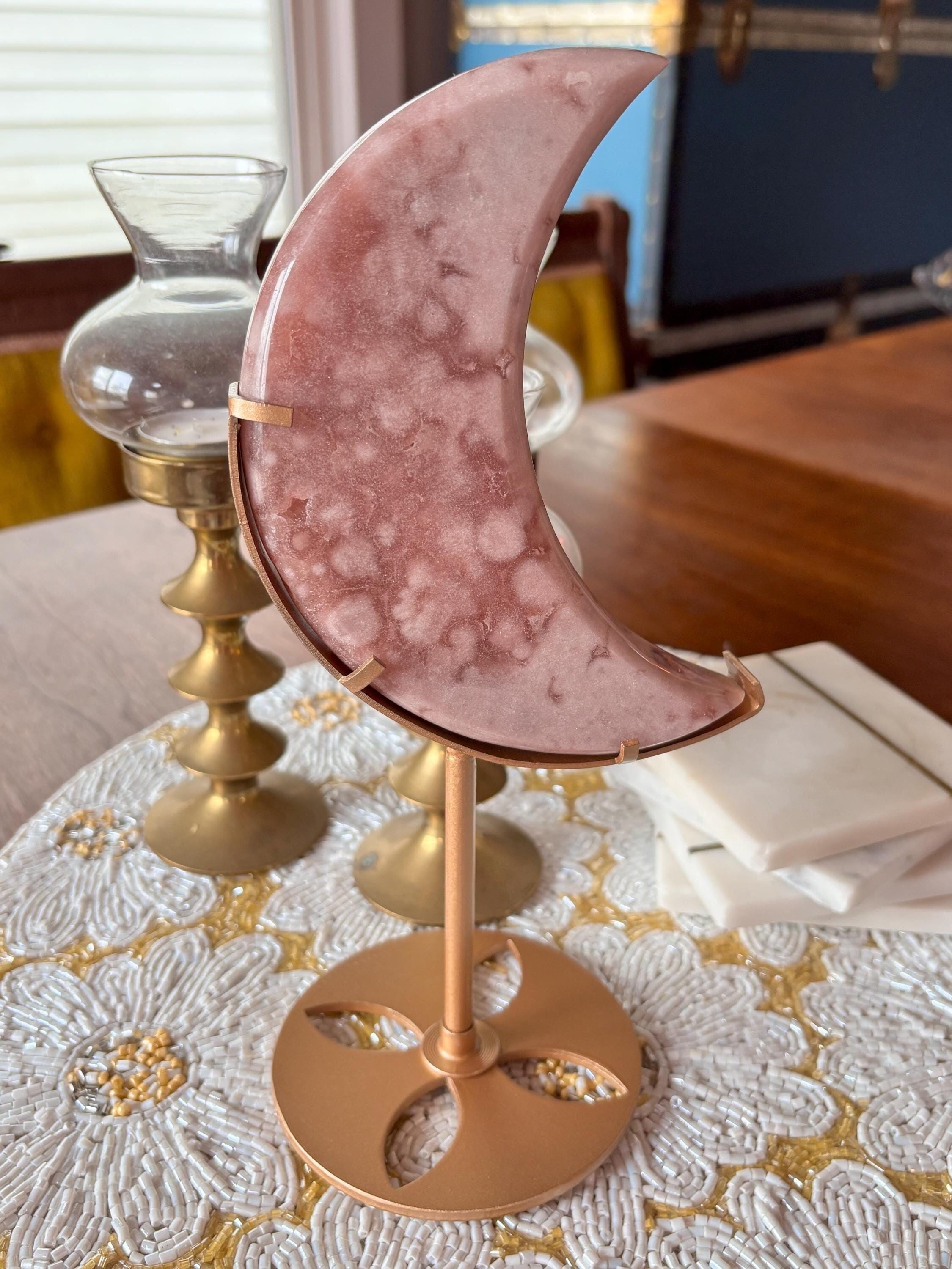 Large Pink Amethyst Flower Agate Moon, Crescent Moon Crystal Carving with Gold Stand