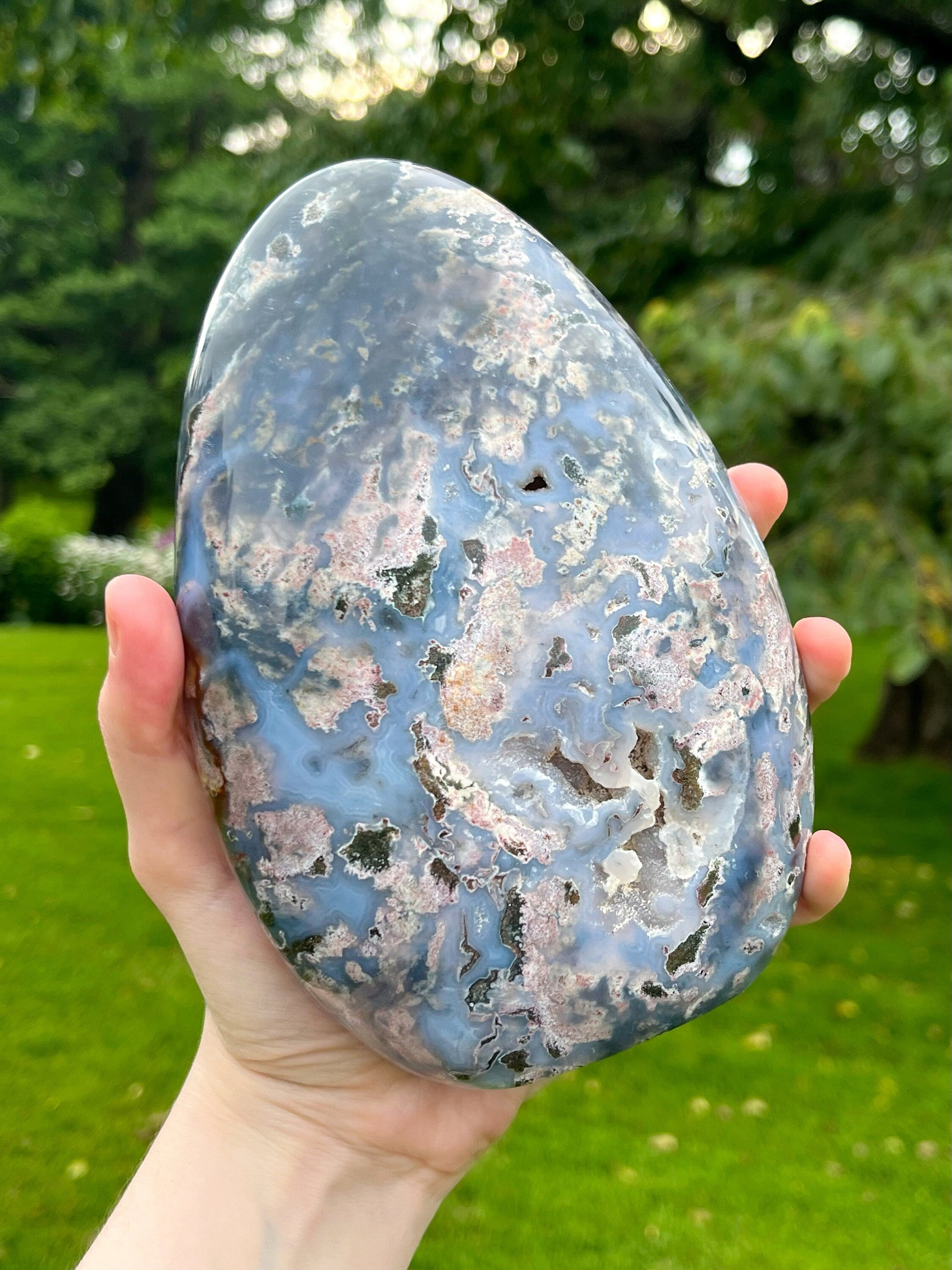Huge Ocean Jasper Freeform, Polished Blue & Pink Sea Jasper Cut Base