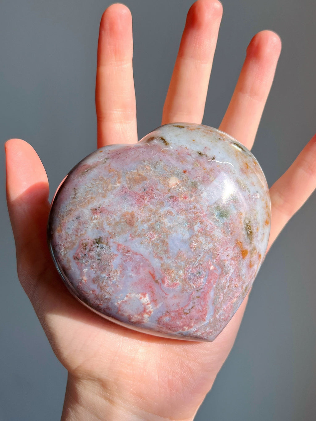 Large Pastel Ocean Jasper Crystal Heart, Polished Rainbow Sea Jasper Carving