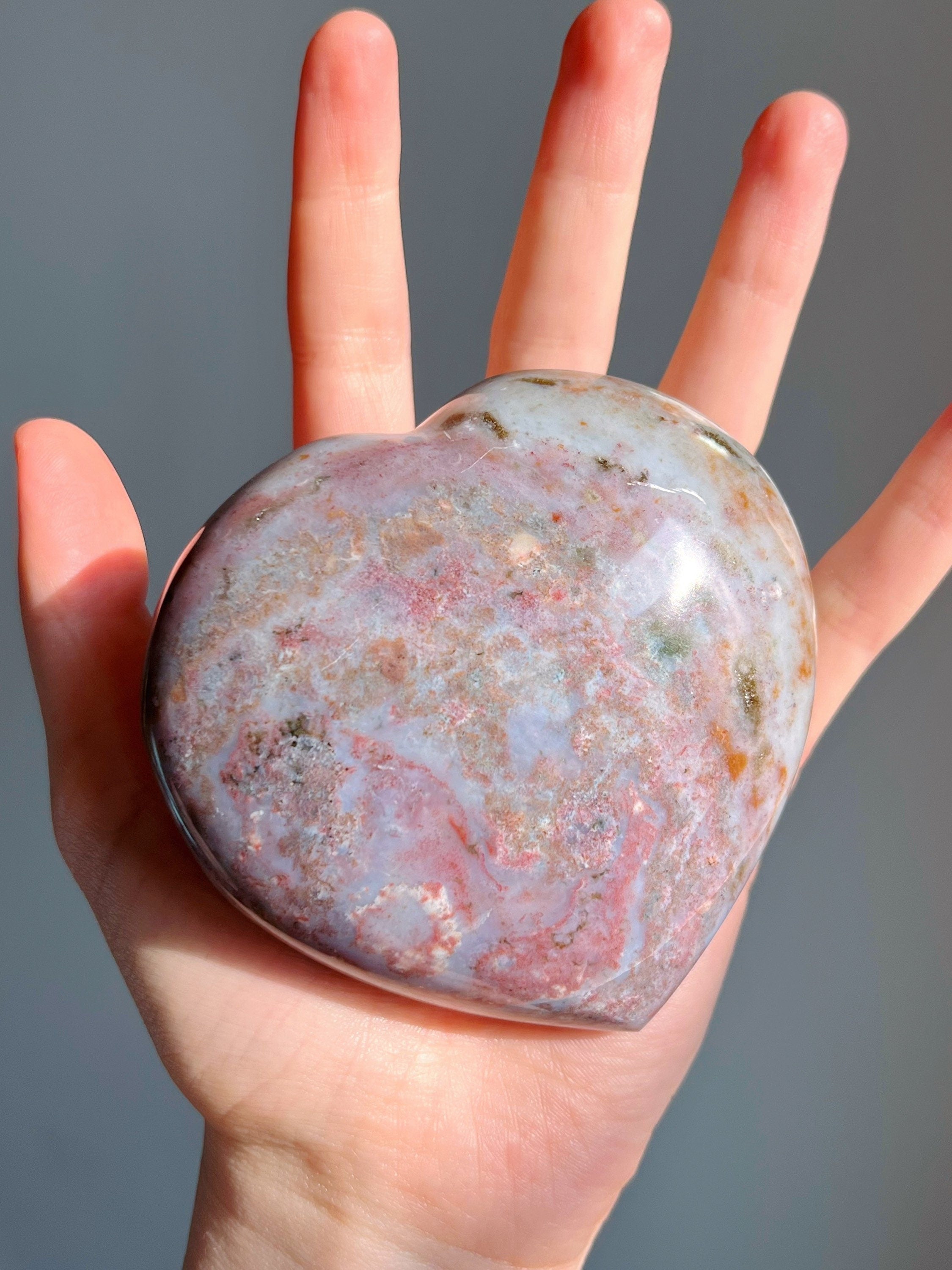 Large Pastel Ocean Jasper Crystal Heart, Polished Rainbow Sea Jasper Carving