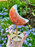 Carnelian Crescent Moon: Orange White Agate Crystal Moon Carving on Display Stand