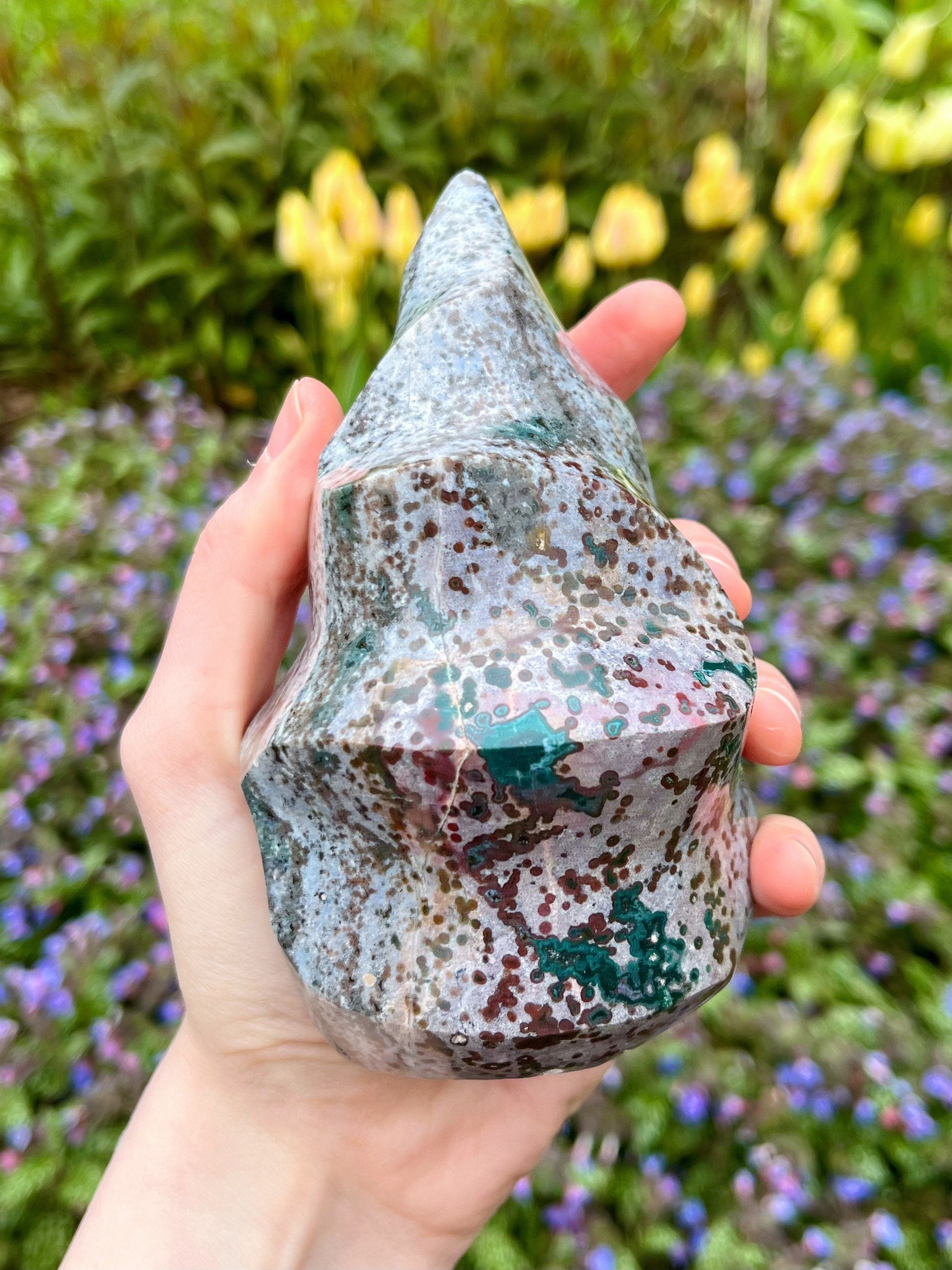 Large Ocean Jasper Flame, Polished Pastel Sea Jasper Freeform Cut Base