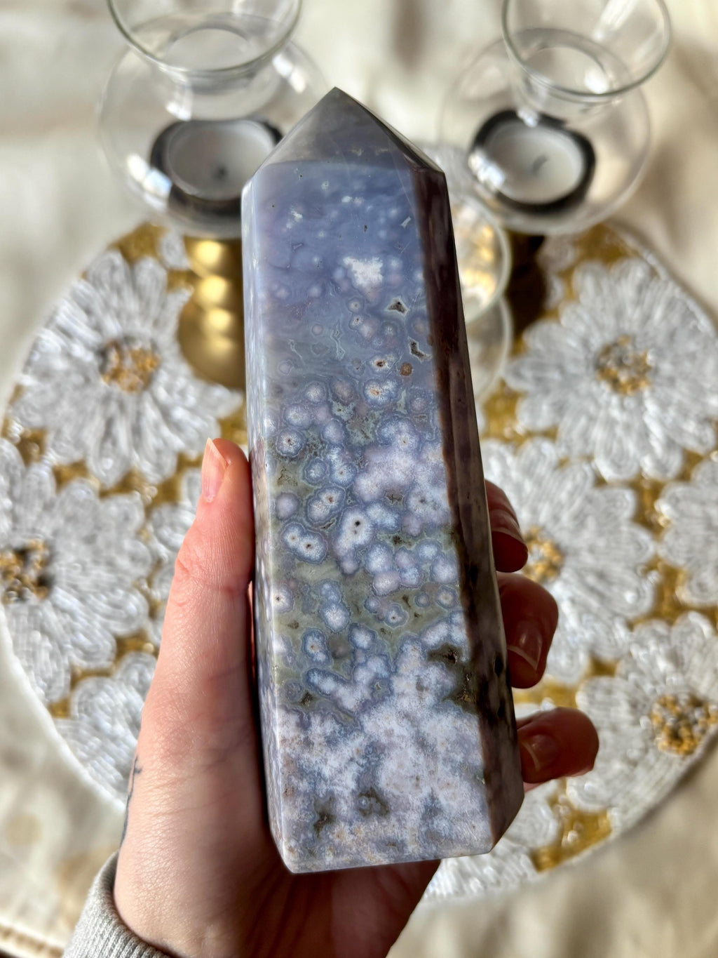 Large Ocean Jasper Flower Agate Tower, Natural Polished Orbicular Sea Jasper Point