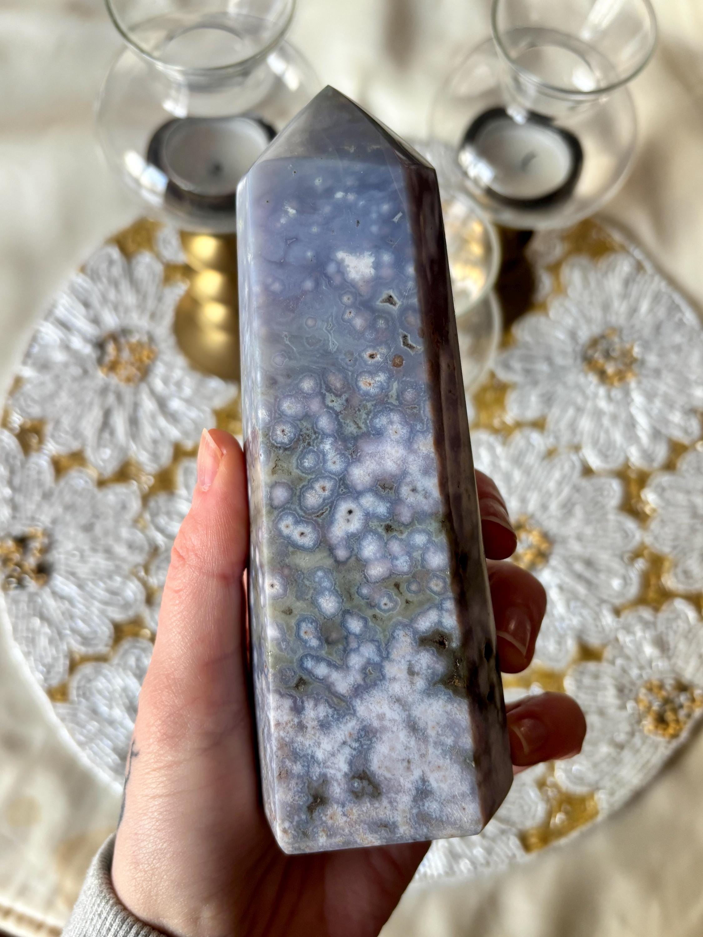 Large Ocean Jasper Flower Agate Tower, Natural Polished Orbicular Sea Jasper Point