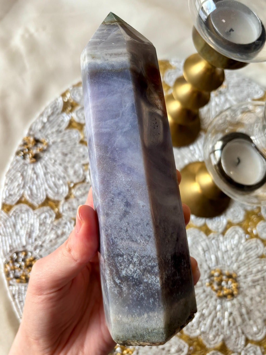 Pastel Ocean Jasper Tower, Lavender Orbicular Ocean Jasper Crystal Point