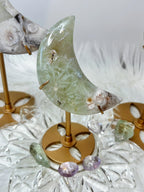 Green Quartz Flower Agate Moon, Crescent Moon Crystal Carving on Stand