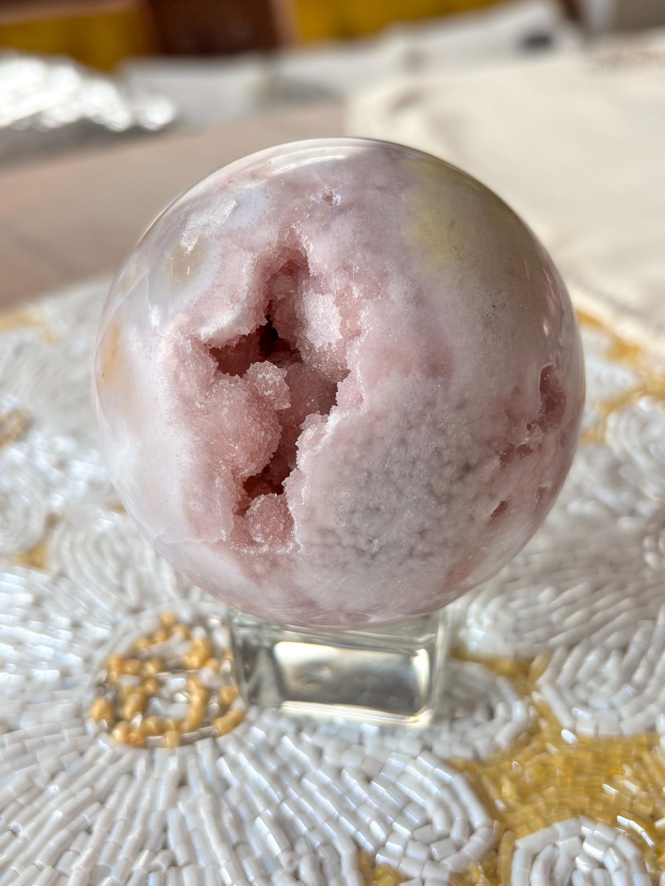 Large Druzy Flower Agate Sphere, Polished Pink Amethyst Flower Agate with Quartz