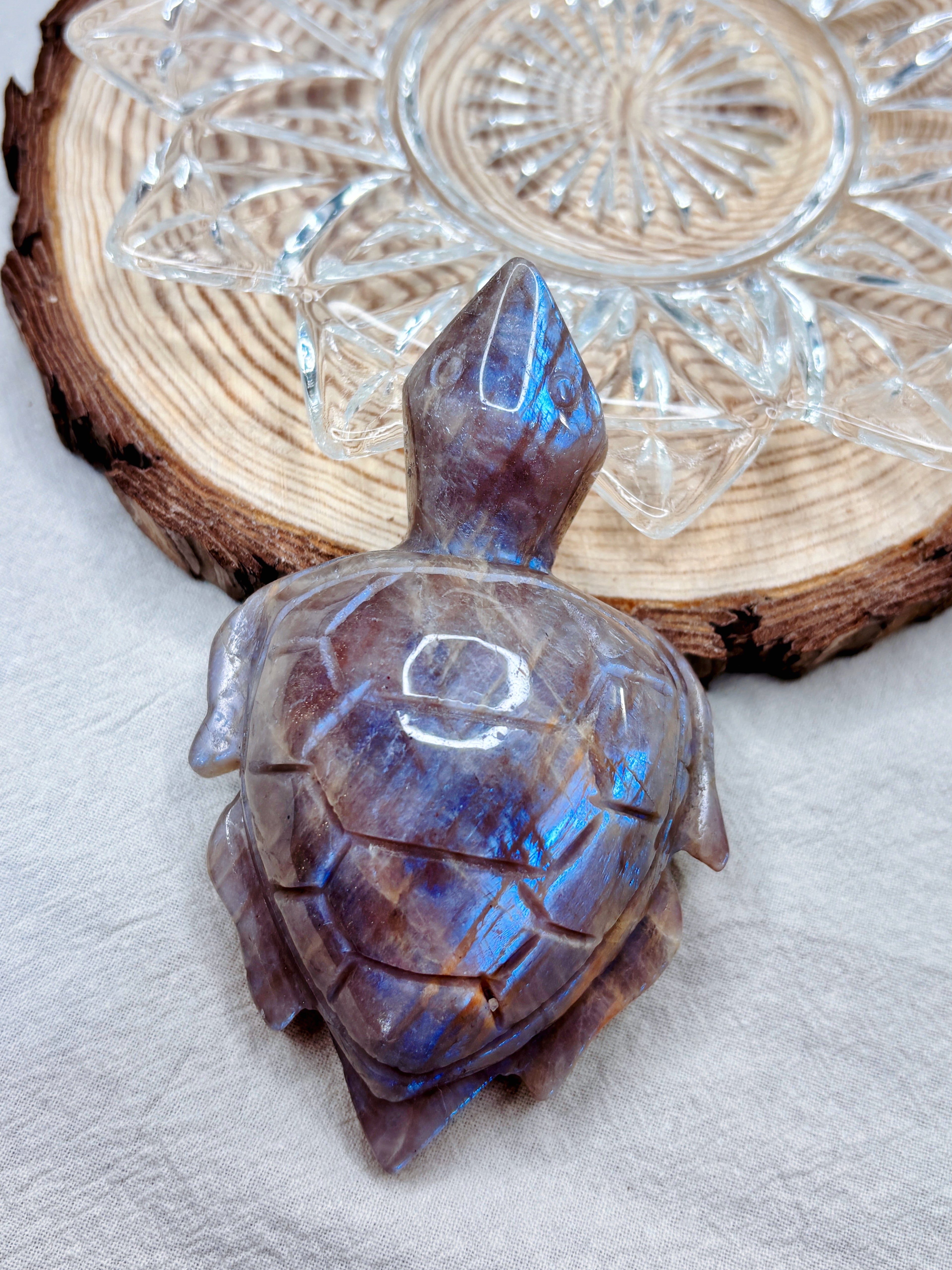 Moonstone Sea Turtle Carving, Natural Blue Flash Moonstone Crystal