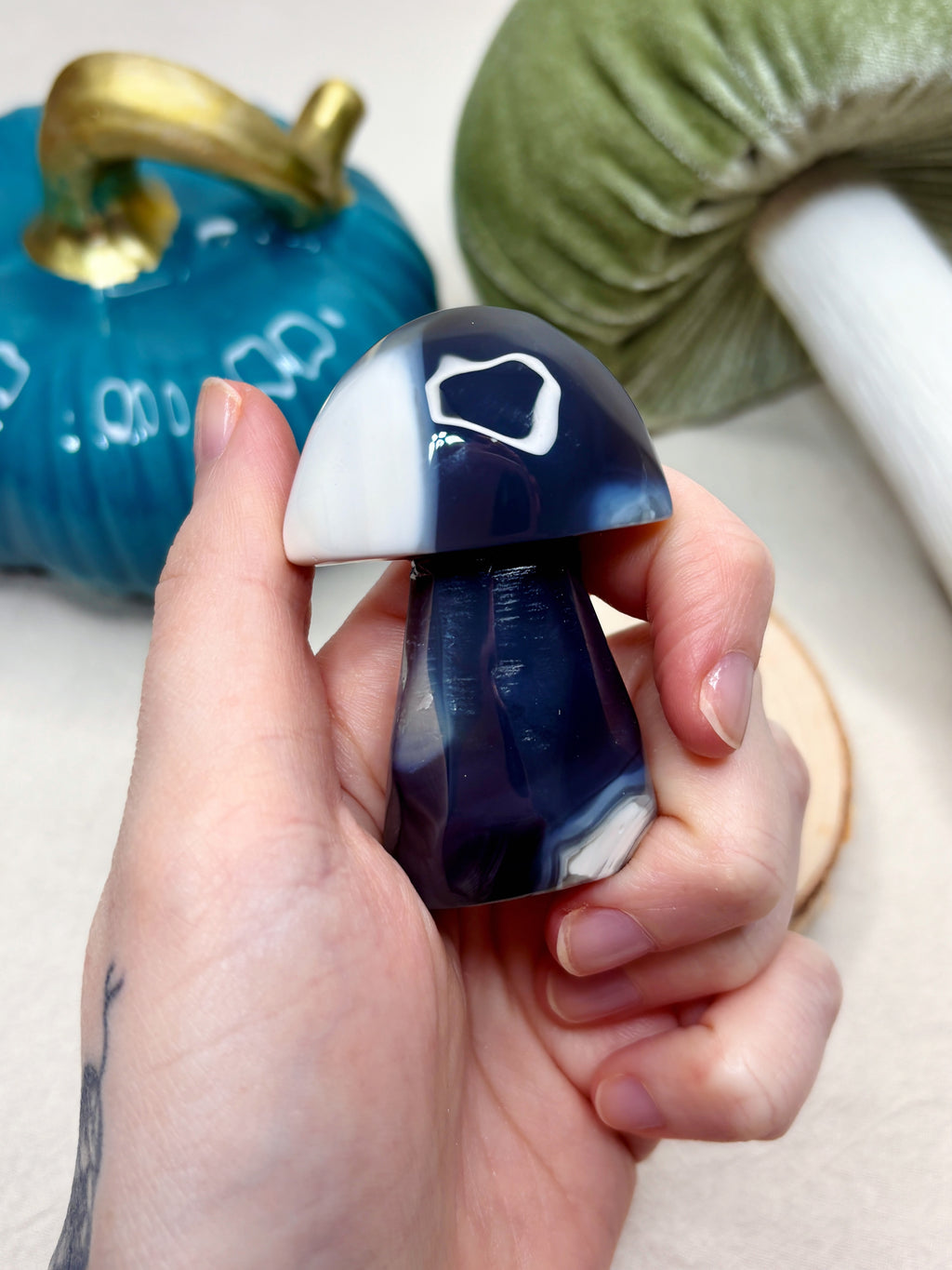 Blue Orca Agate Mushroom, Hand-Carved Natural Gemstone Mushroom