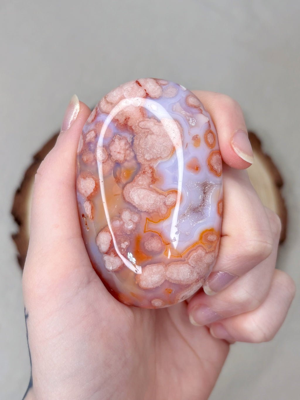 Pink Carnelian Flower Agate Palmstone