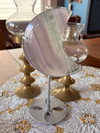 Yttrium Fluorite Moon Crystal, Lavender Fluorite Crescent Moon Carving on Silver Stand