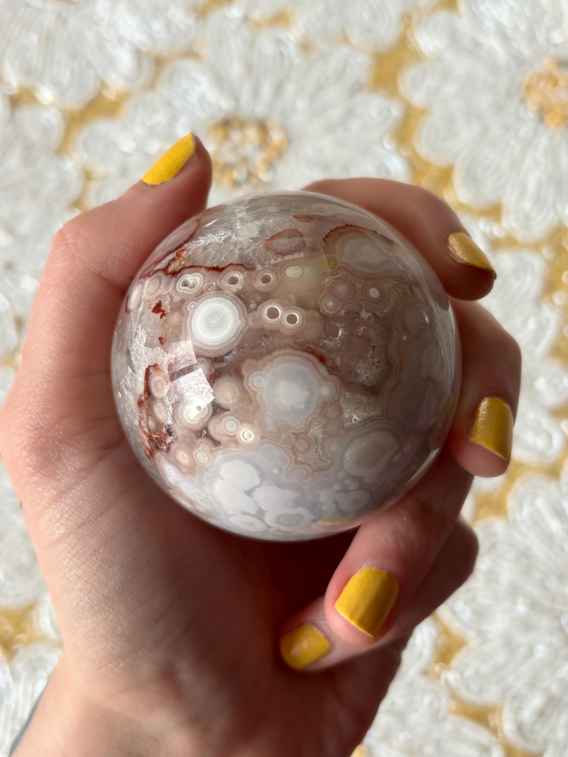 Orby Flower Agate Sphere, Red Pink Yellow Flower Agate with Quartz Druzy