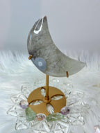 Green Quartz Flower Agate Moon Crescent Moon Crystal Carving on Stand
