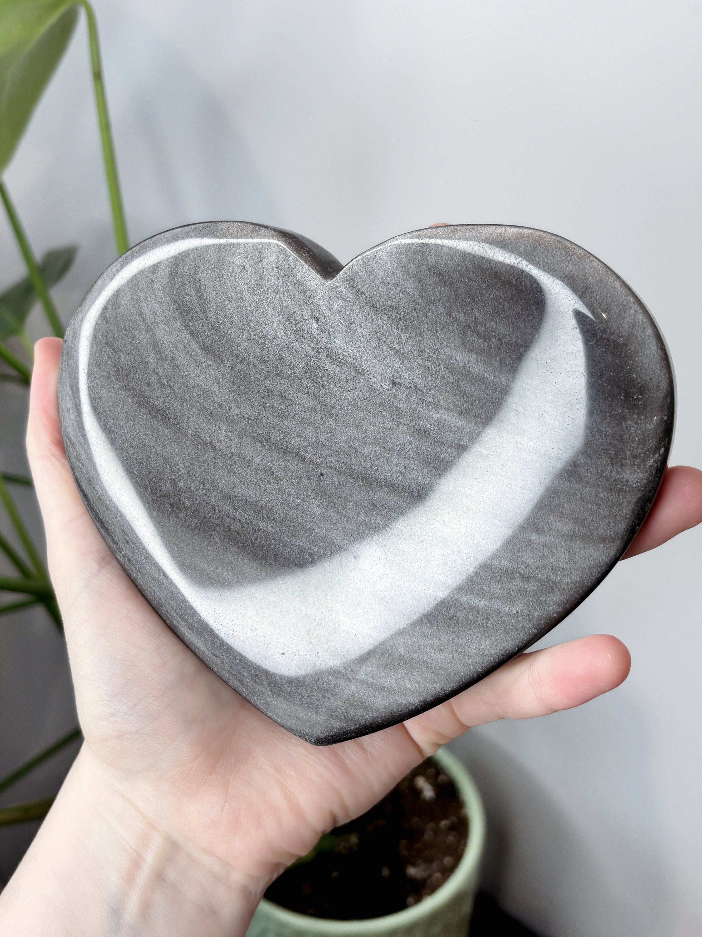 Large Silver Sheen Obsidian Heart, Polished Black Obsidian with Silver Flash Crystal Carving