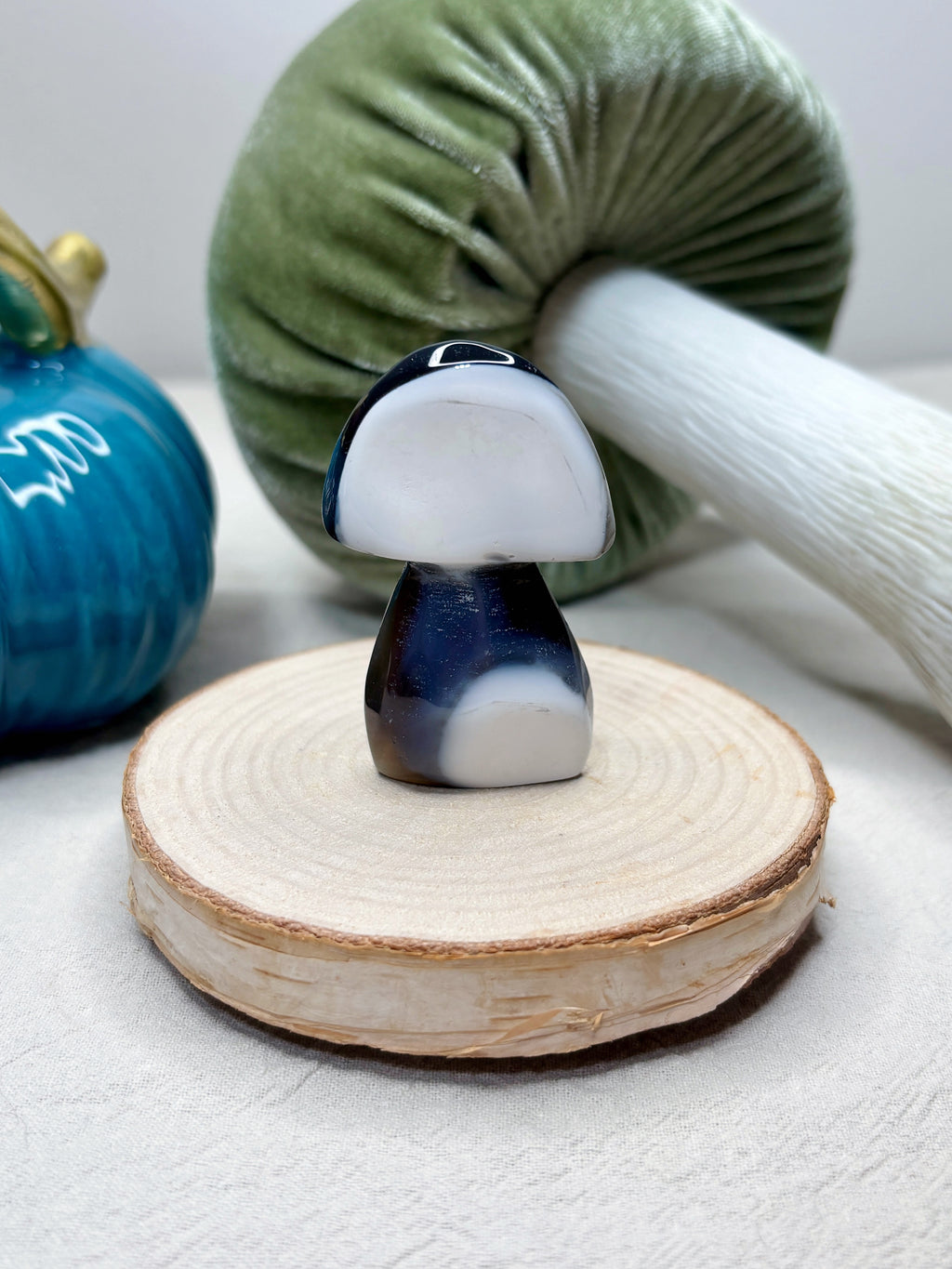 Blue & White Orca Agate Mushroom, Hand-Carved Natural Gemstone Mushroom