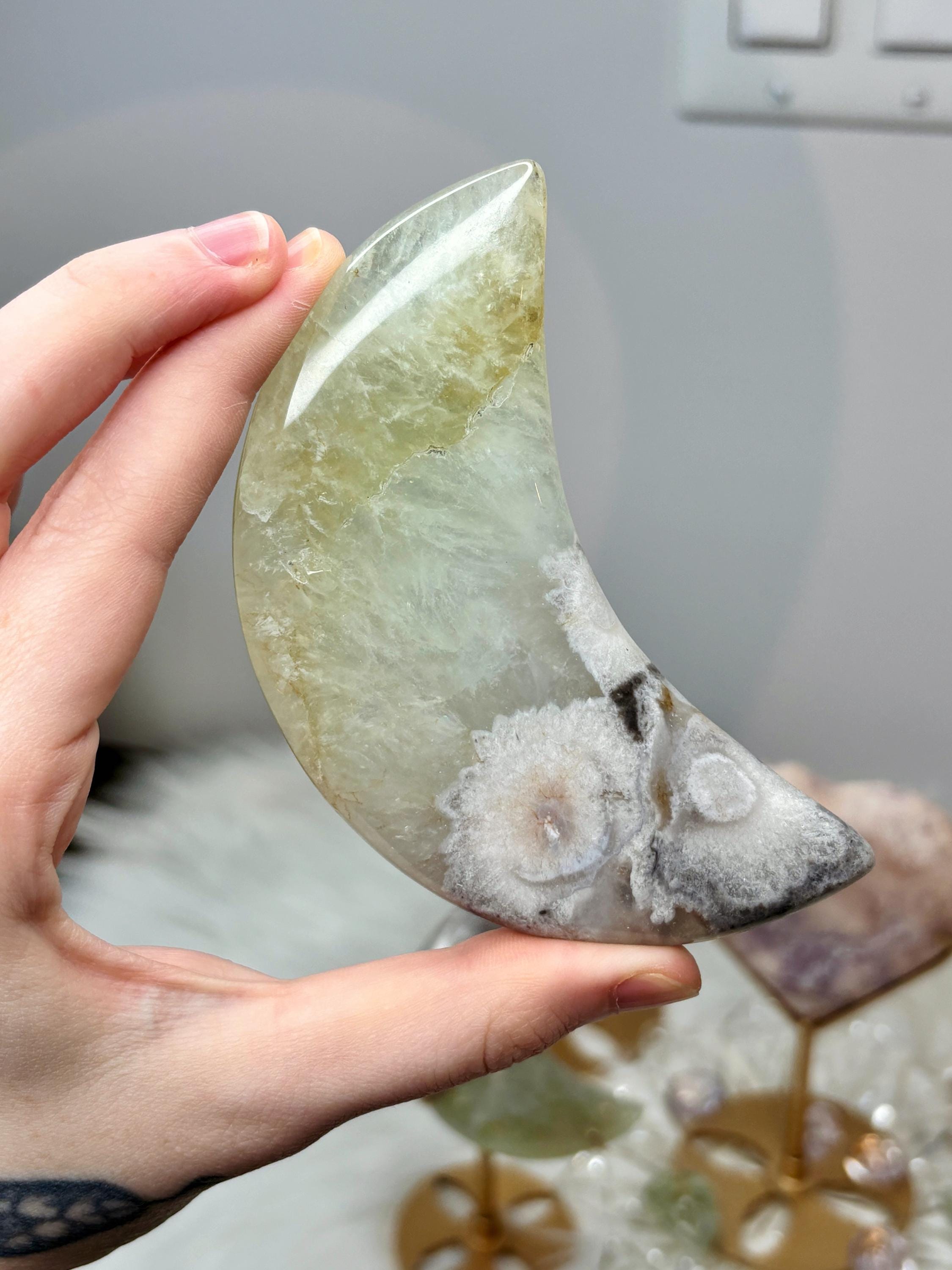 Green Quartz Flower Agate Moon, Crescent Moon Crystal Carving on Stand