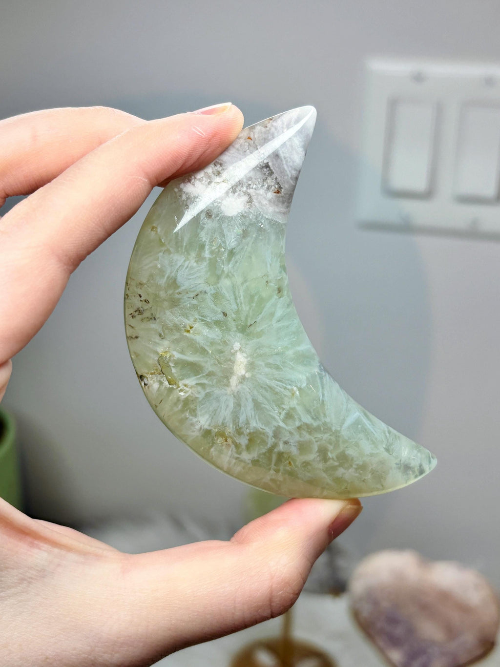 Green Quartz Flower Agate Moon, Crescent Moon Crystal Carving on Stand
