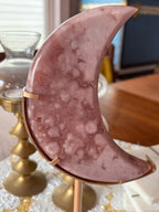 Large Pink Amethyst Flower Agate Moon, Crescent Moon Crystal Carving with Gold Stand