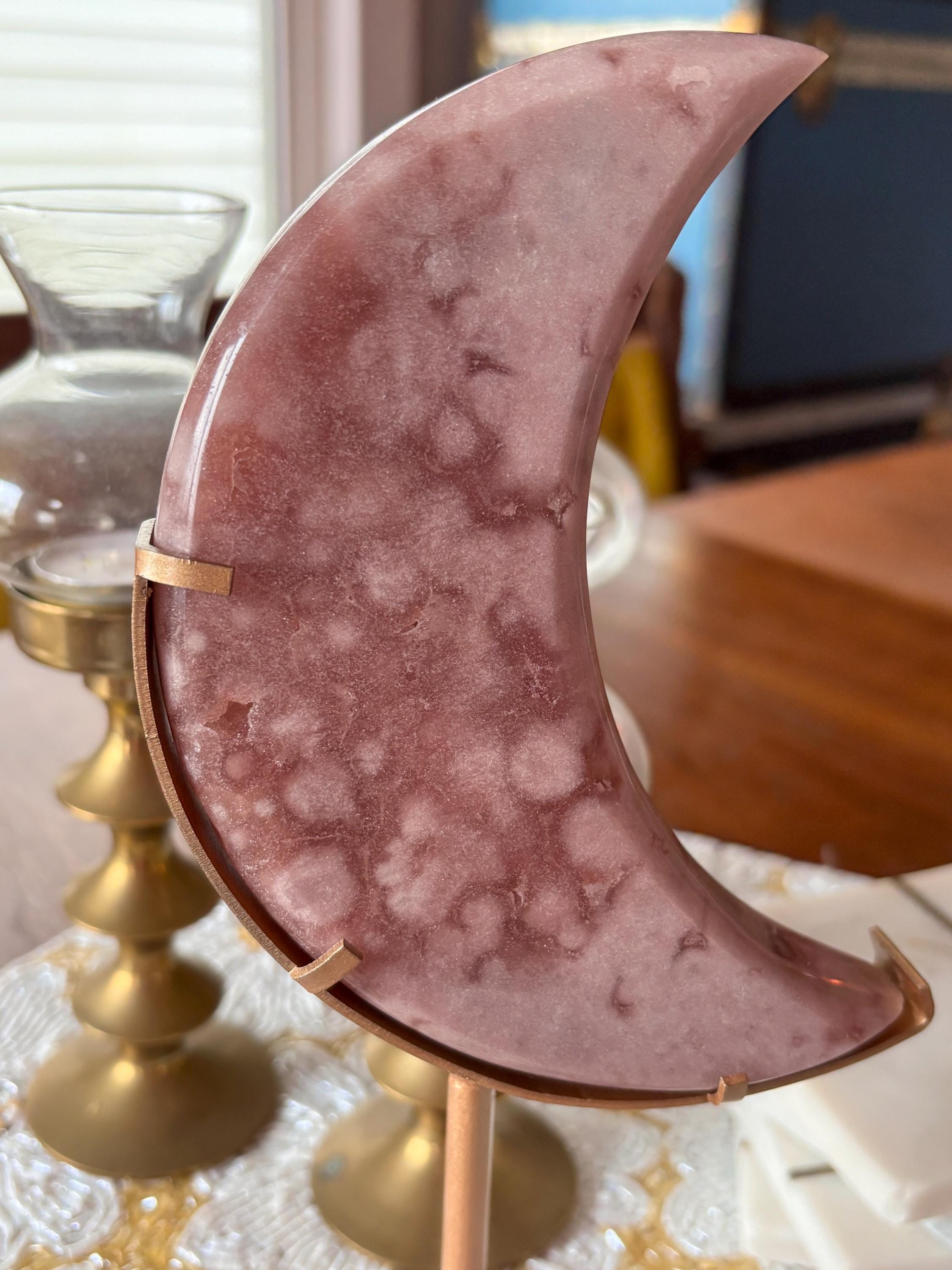 Large Pink Amethyst Flower Agate Moon, Crescent Moon Crystal Carving with Gold Stand