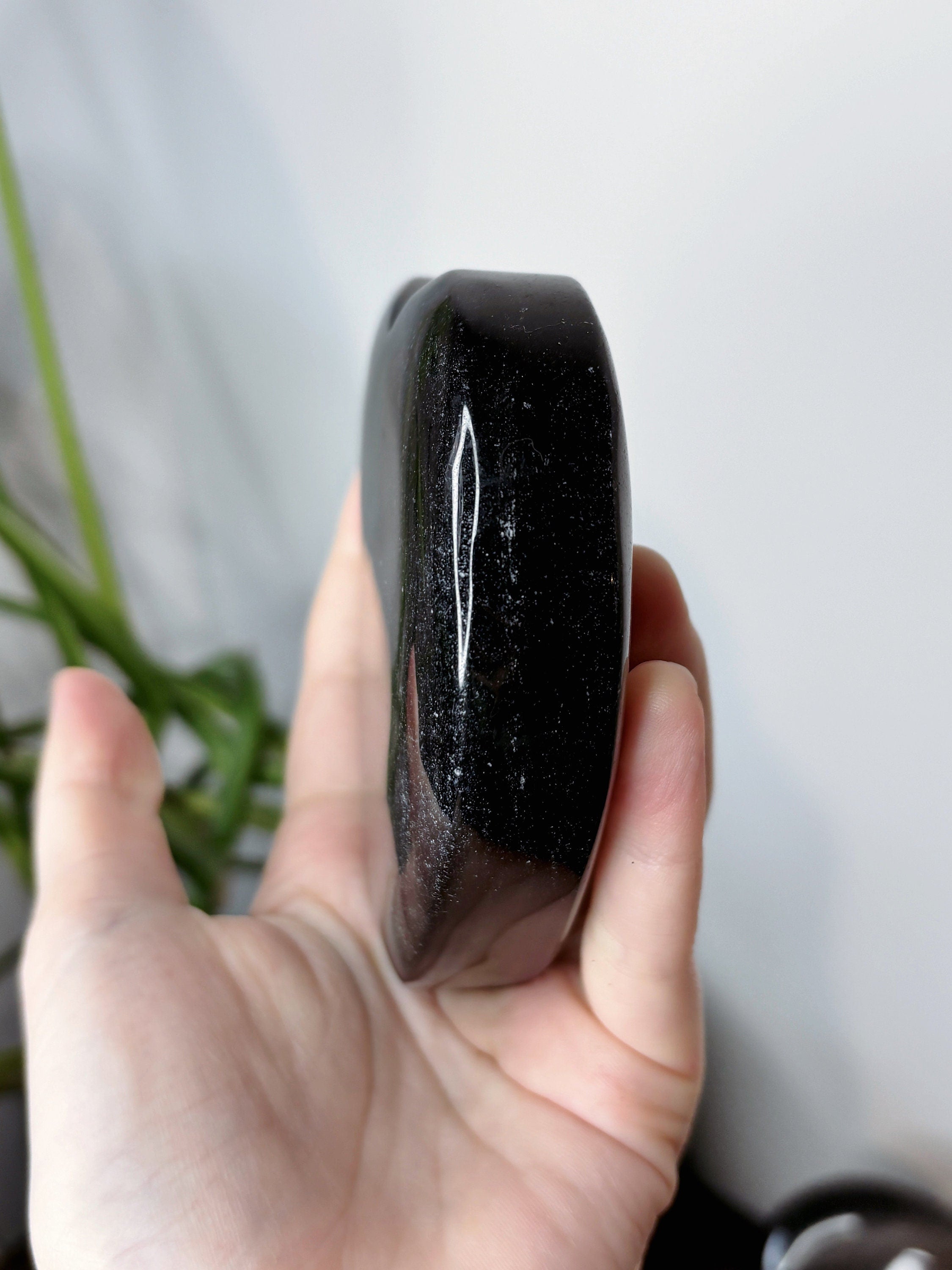 Large Silver Sheen Obsidian Heart, Polished Black Obsidian with Silver Flash Crystal Carving
