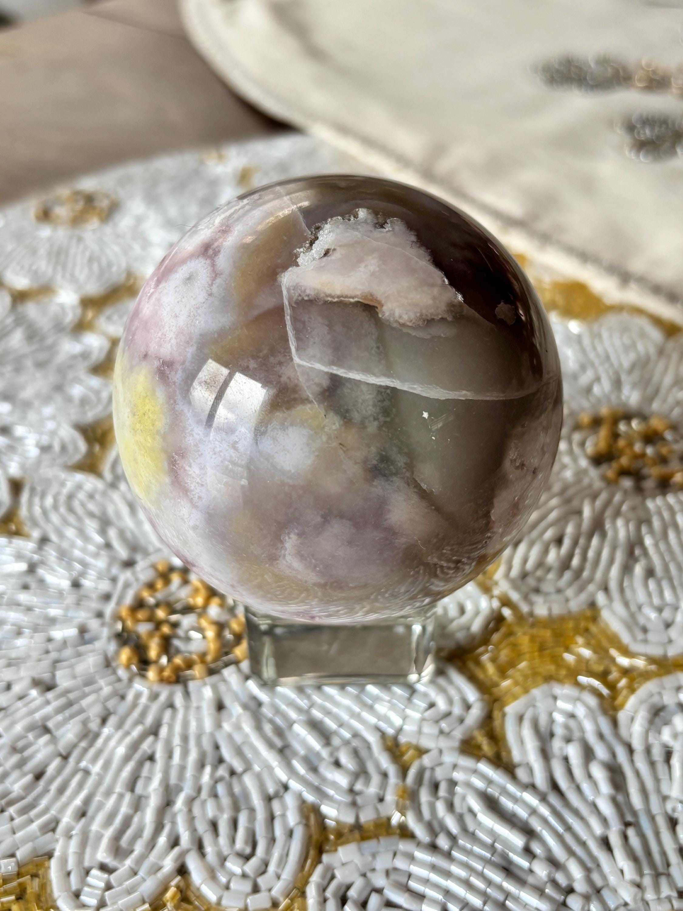Large Druzy Flower Agate Sphere, Polished Pink Amethyst Flower Agate with Quartz
