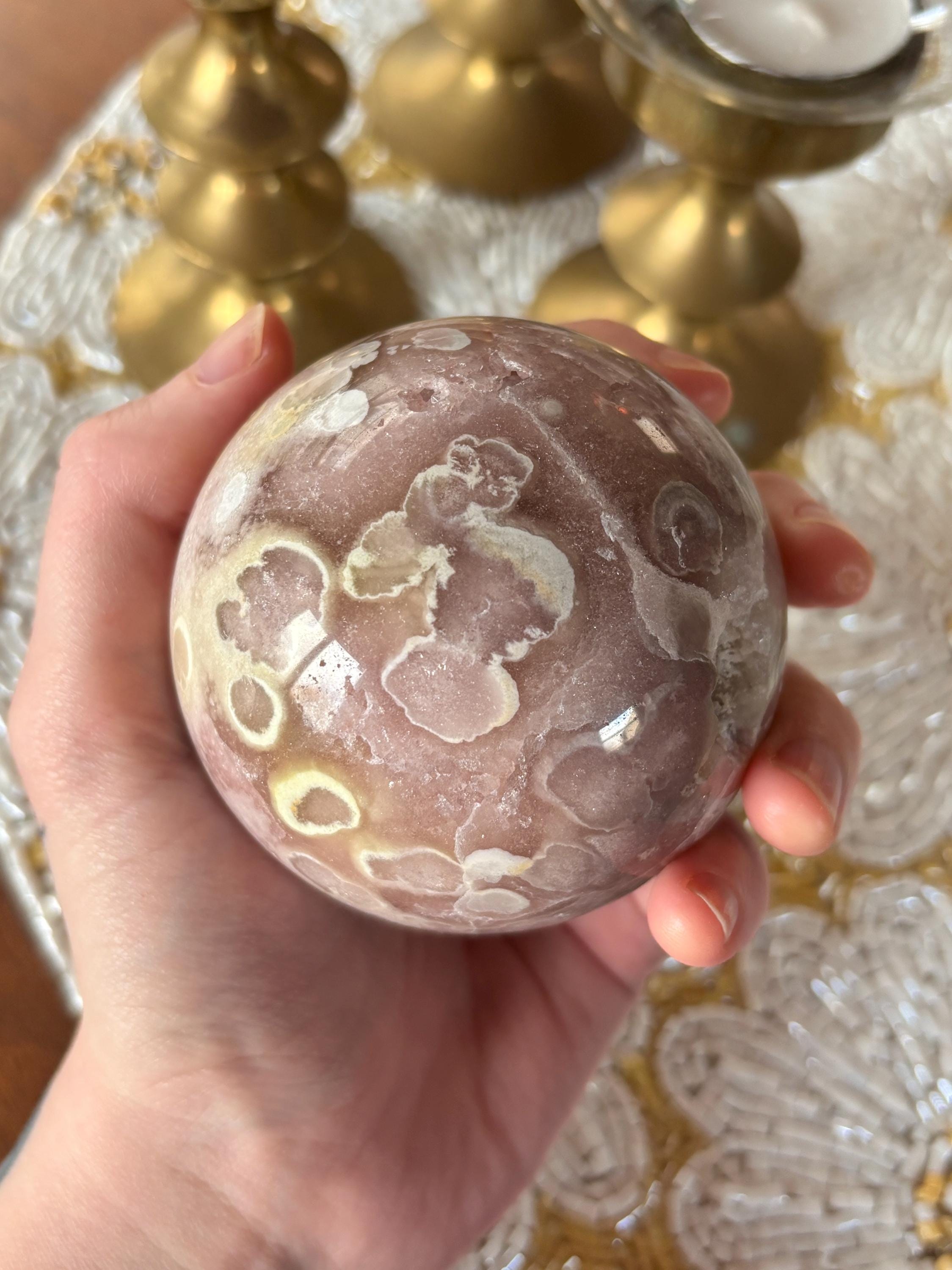 Large Pink Amethyst with Yellow Flower Agate Sphere