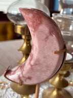 Pink Amethyst Flower Agate Moon Crystal, Crescent Moon Carving on Gold Stand