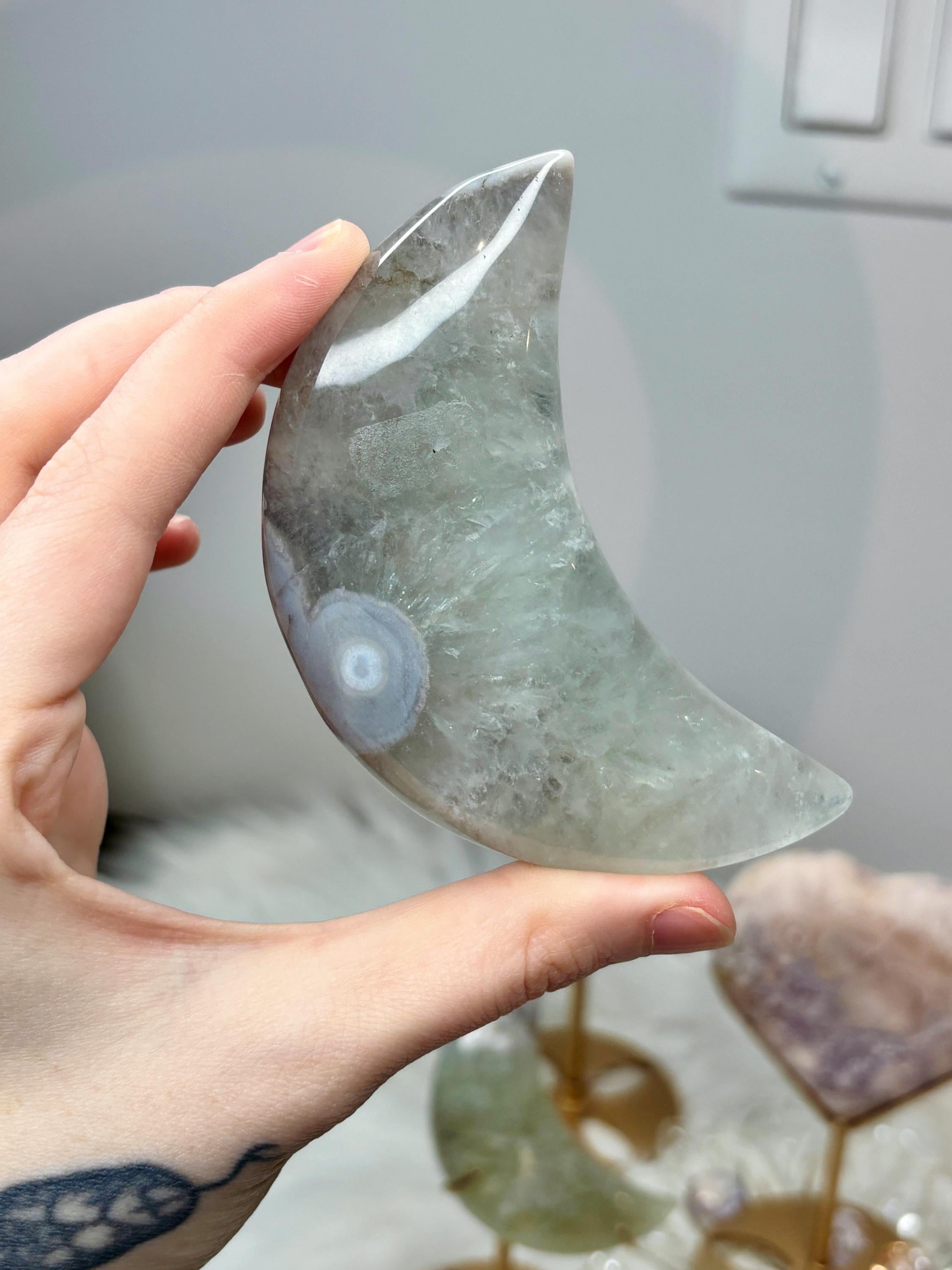Green Quartz Flower Agate Moon Crescent Moon Crystal Carving on Stand