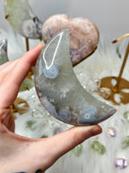 Green Quartz Flower Agate Moon Crescent Moon Crystal Carving on Stand