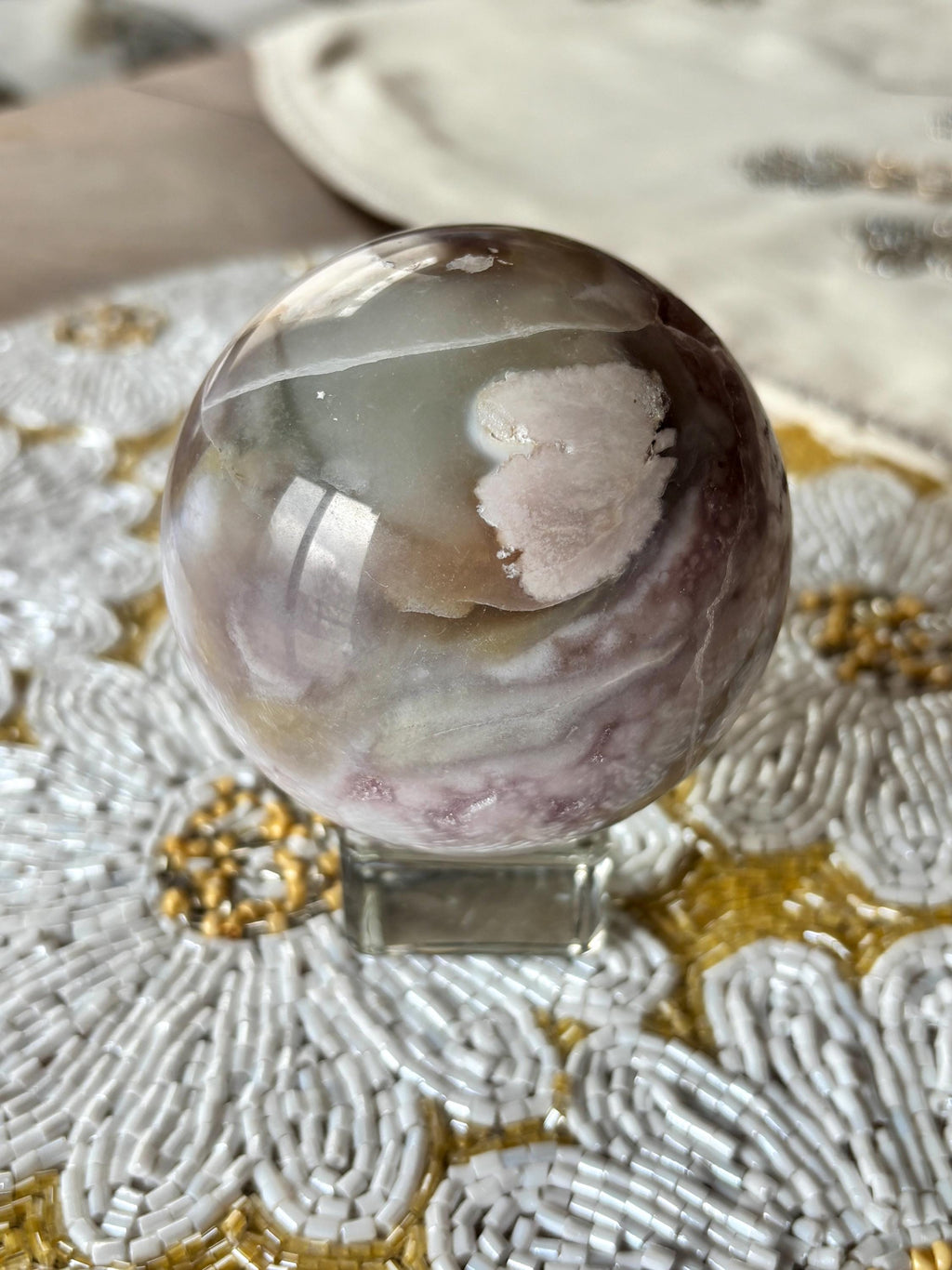 Large Druzy Flower Agate Sphere, Polished Pink Amethyst Flower Agate with Quartz