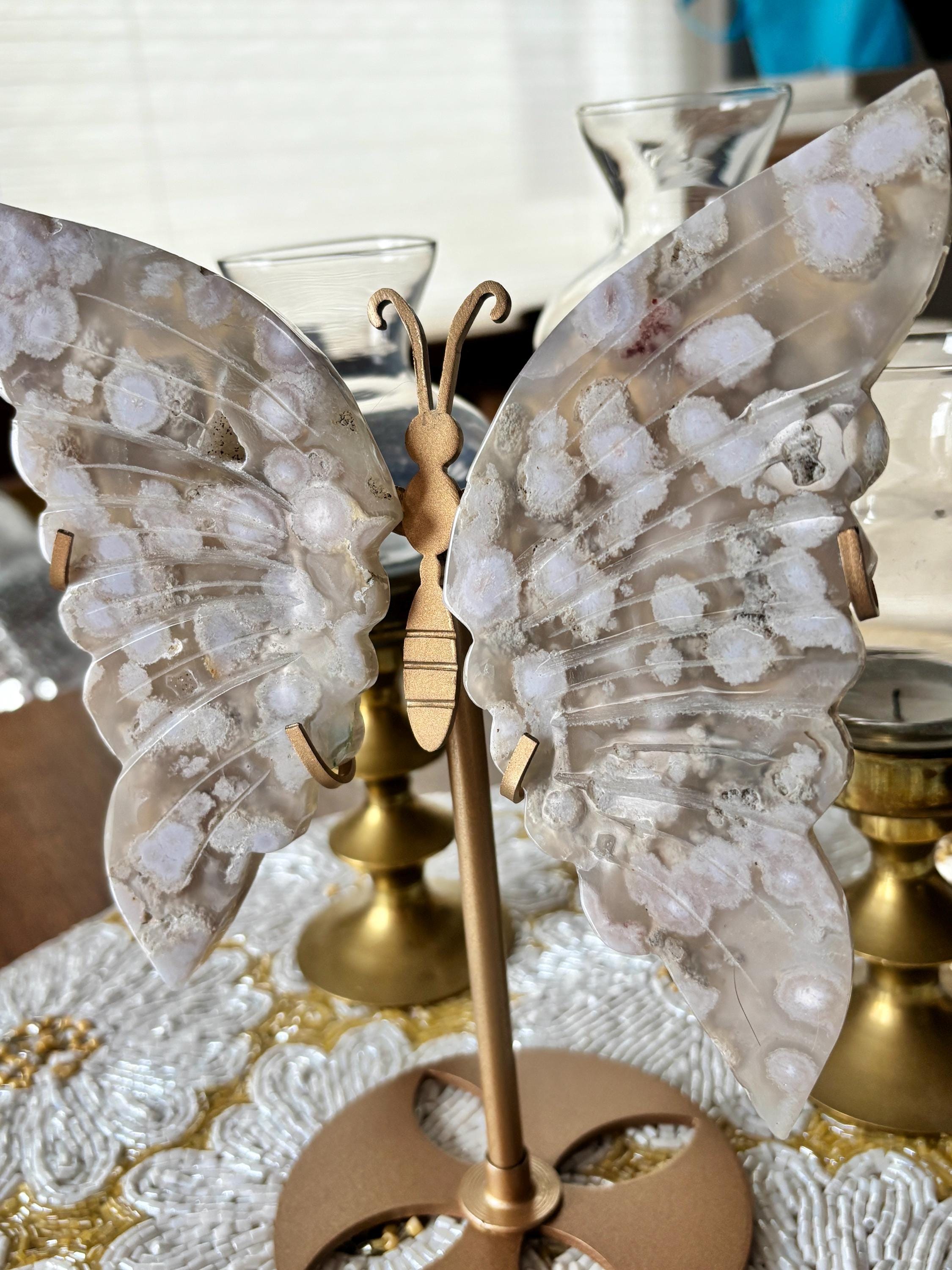 Flower Agate Butterfly Wing Crystal Display on Gold Stand
