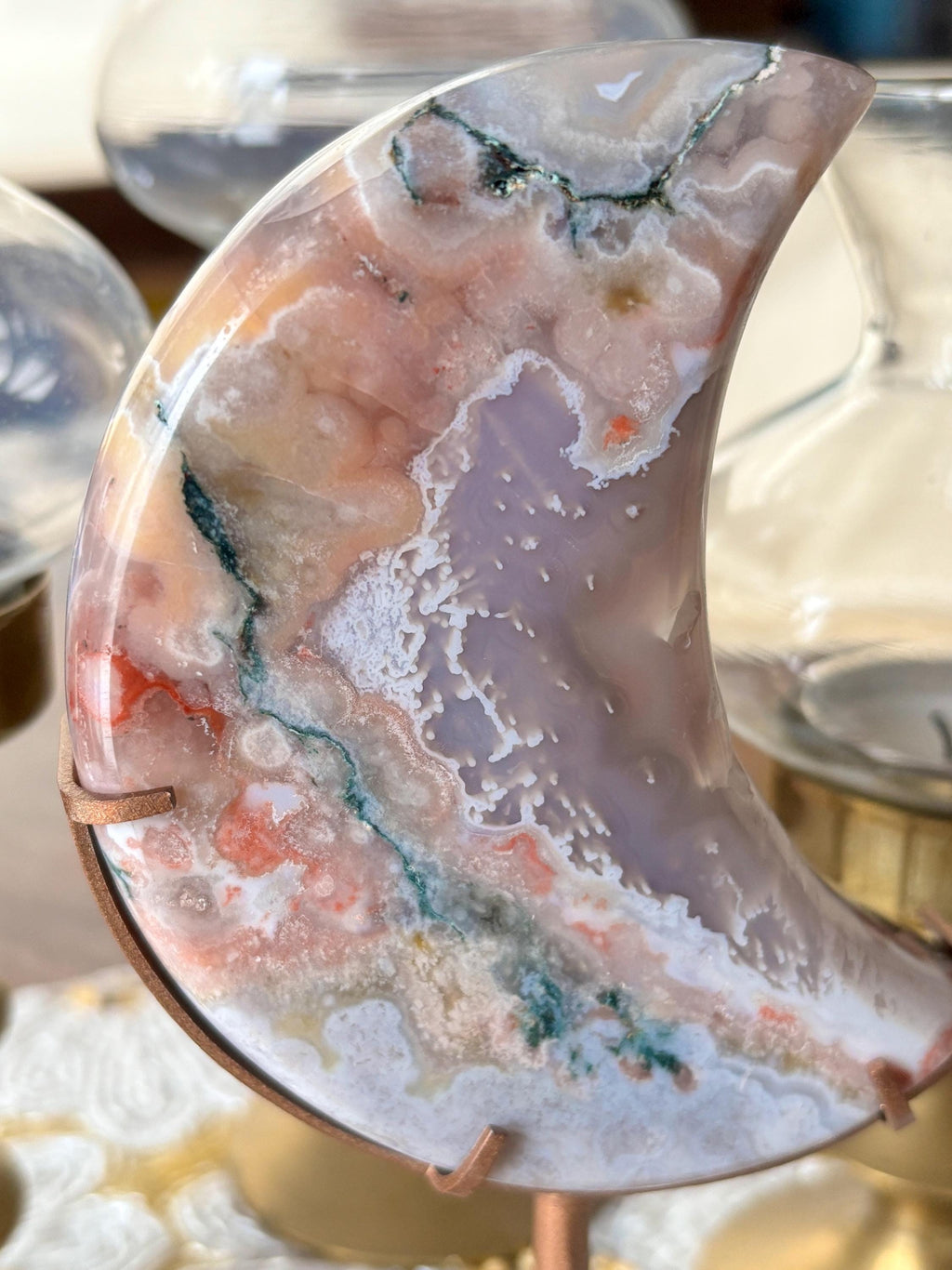 Rainbow Agate Crescent Moon Crystal Carving on Gold Stand