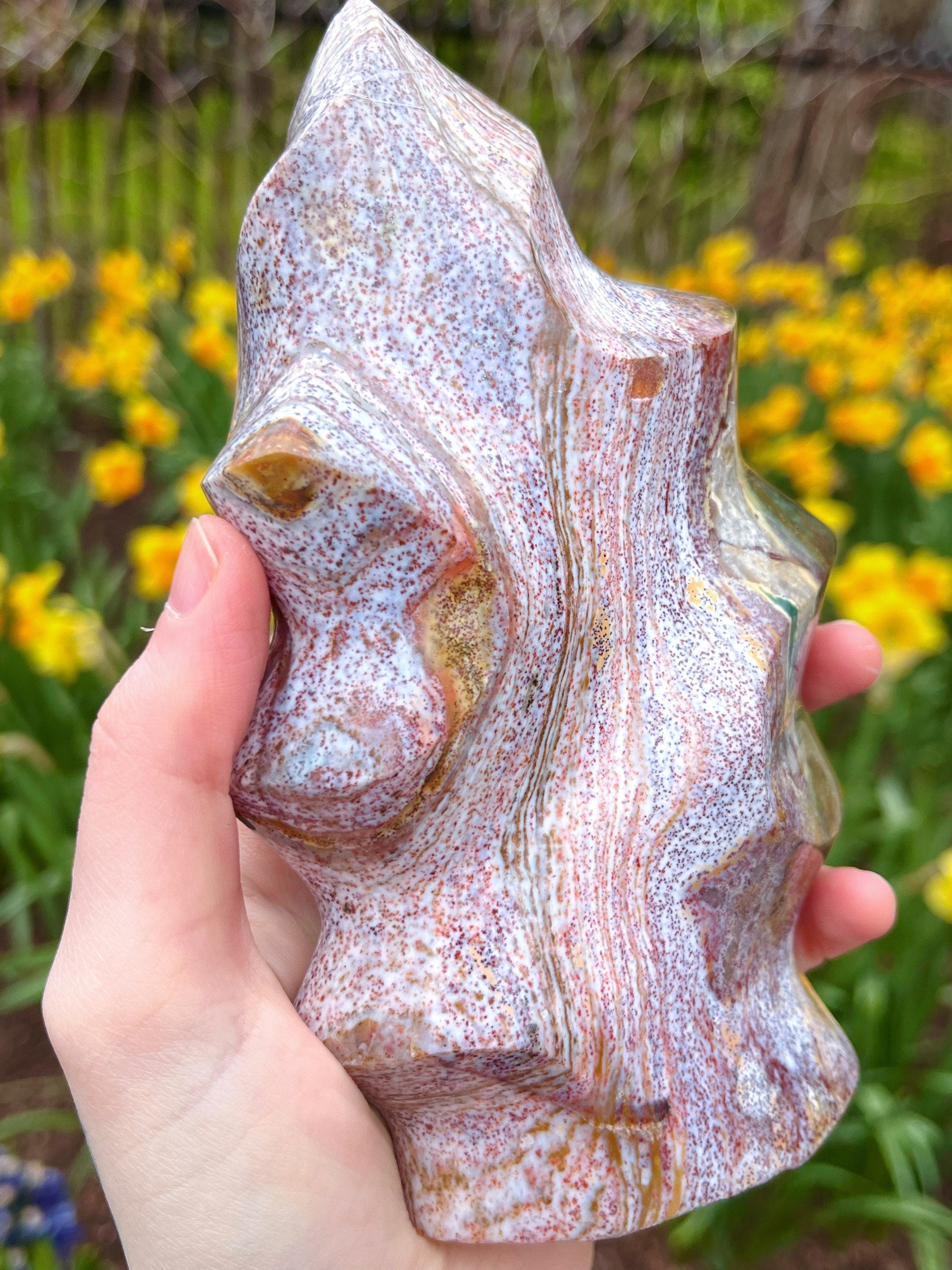 Colorful Ocean Jasper Flame, Polished Pastel Rainbow Ocean Jasper Cut Base Freeform