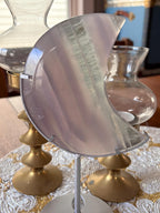 Yttrium Fluorite Moon Crystal, Lavender Fluorite Crescent Moon Carving on Silver Stand