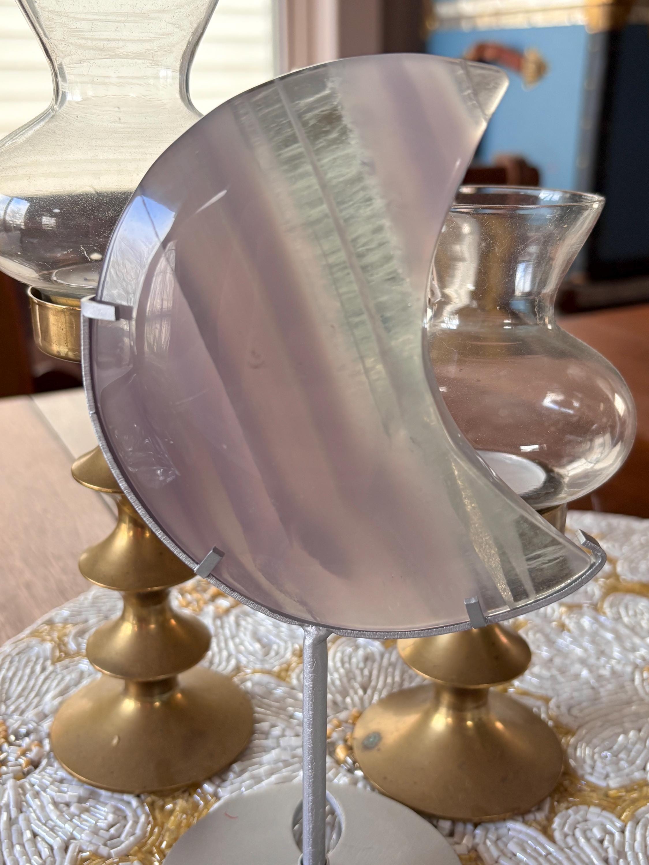 Yttrium Fluorite Moon Crystal, Lavender Fluorite Crescent Moon Carving on Silver Stand