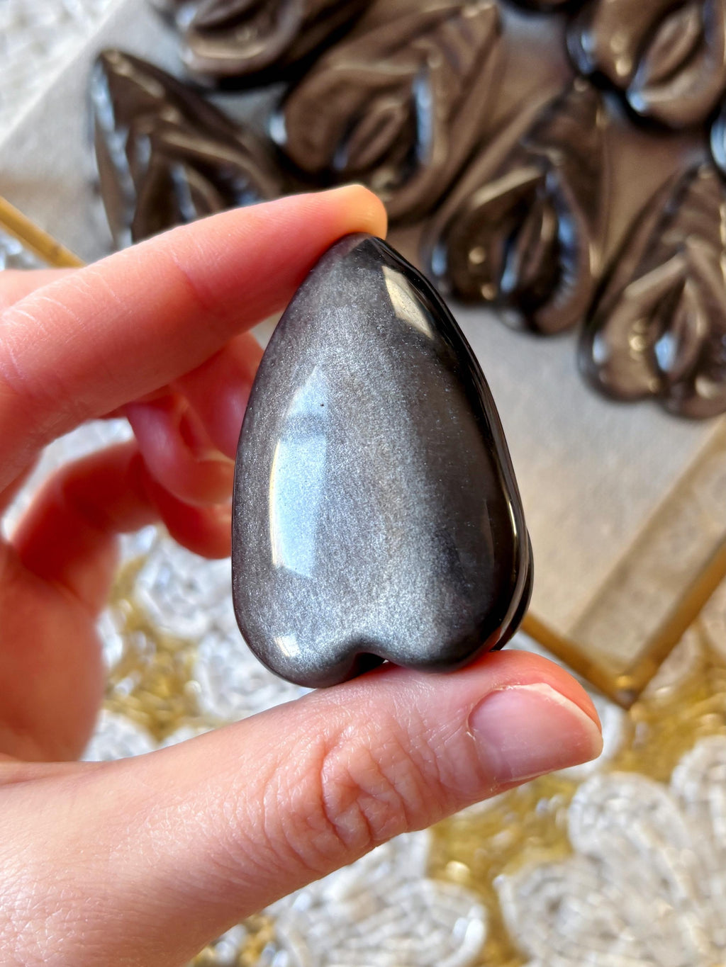 Silver Sheen Obsidian Vulva Crystal, Black Obsidian Yoni Carving — Stone Amulet for Fertility, Divine Feminine Energy