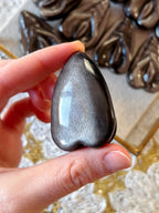 Silver Sheen Obsidian Vulva Crystal, Black Obsidian Yoni Carving — Stone Amulet for Fertility, Divine Feminine Energy