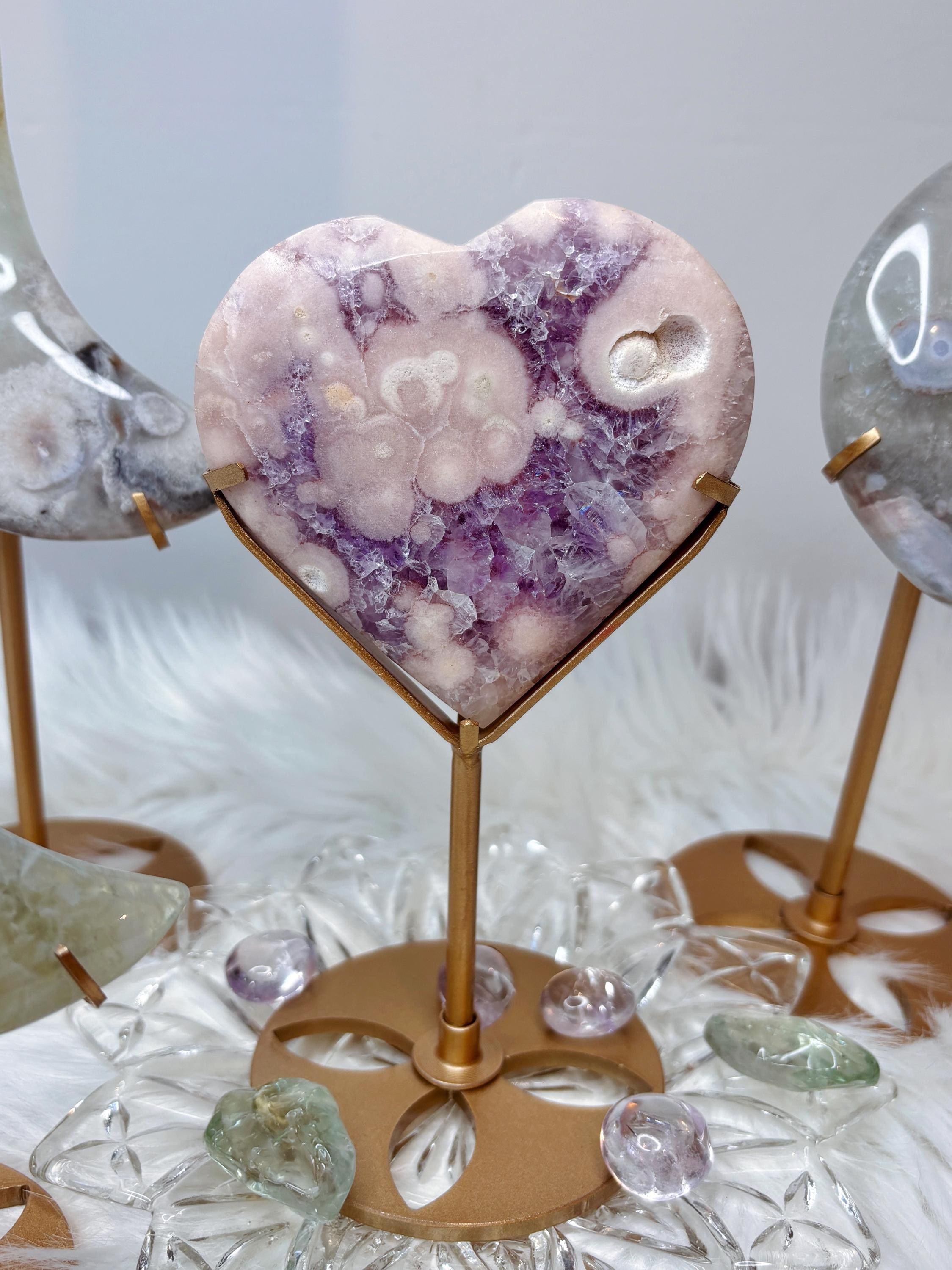Pink Amethyst Flower Agate Heart on Gold Stand