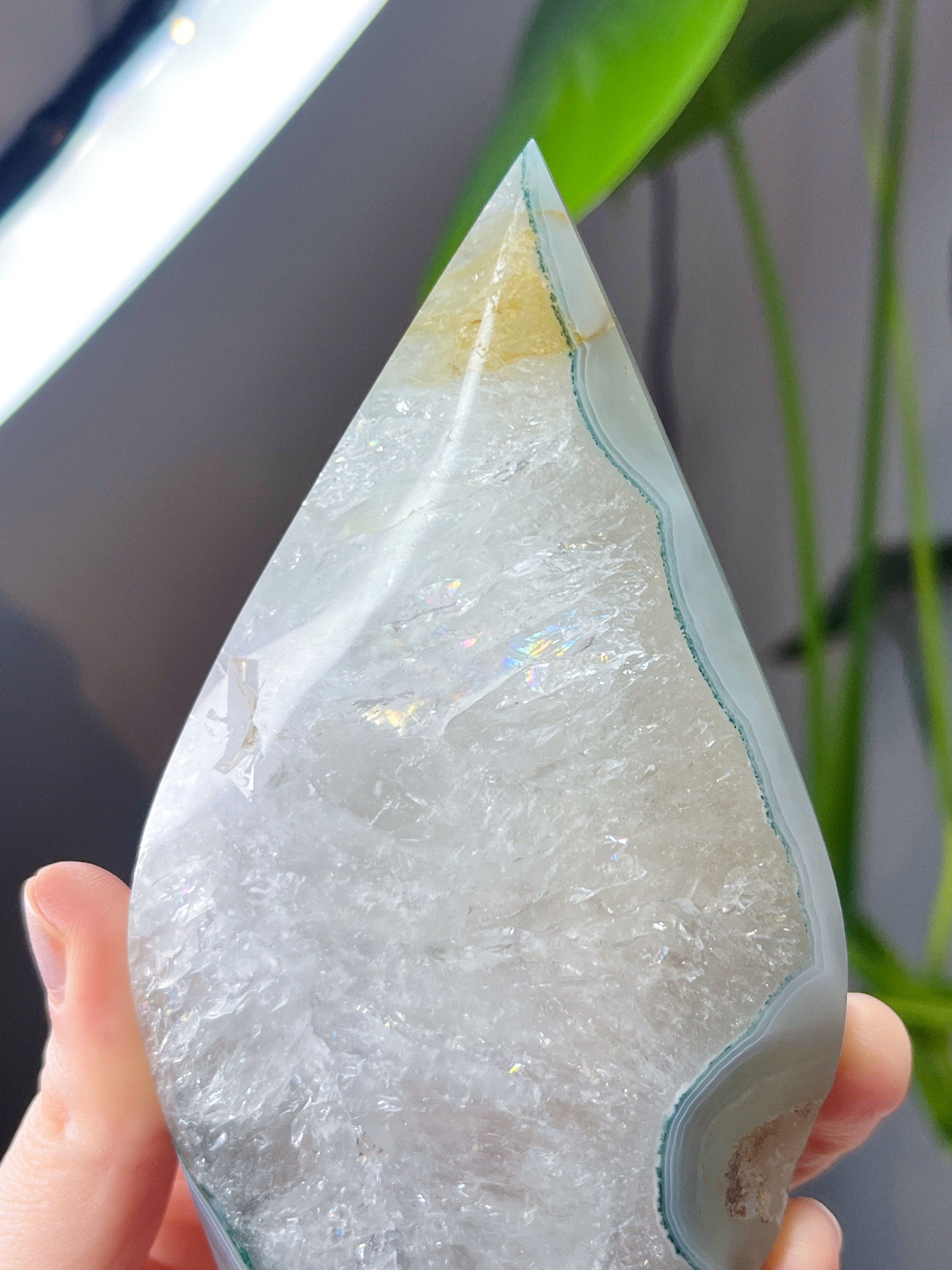 Quartz Agate Freeform, Rainbow Clear Quartz with Blue Green Banded Agate & Golden Healer Quartz Inclusions