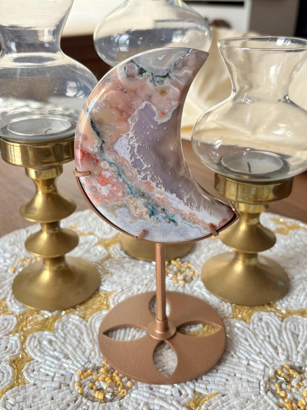 Rainbow Agate Crescent Moon Crystal Carving on Gold Stand